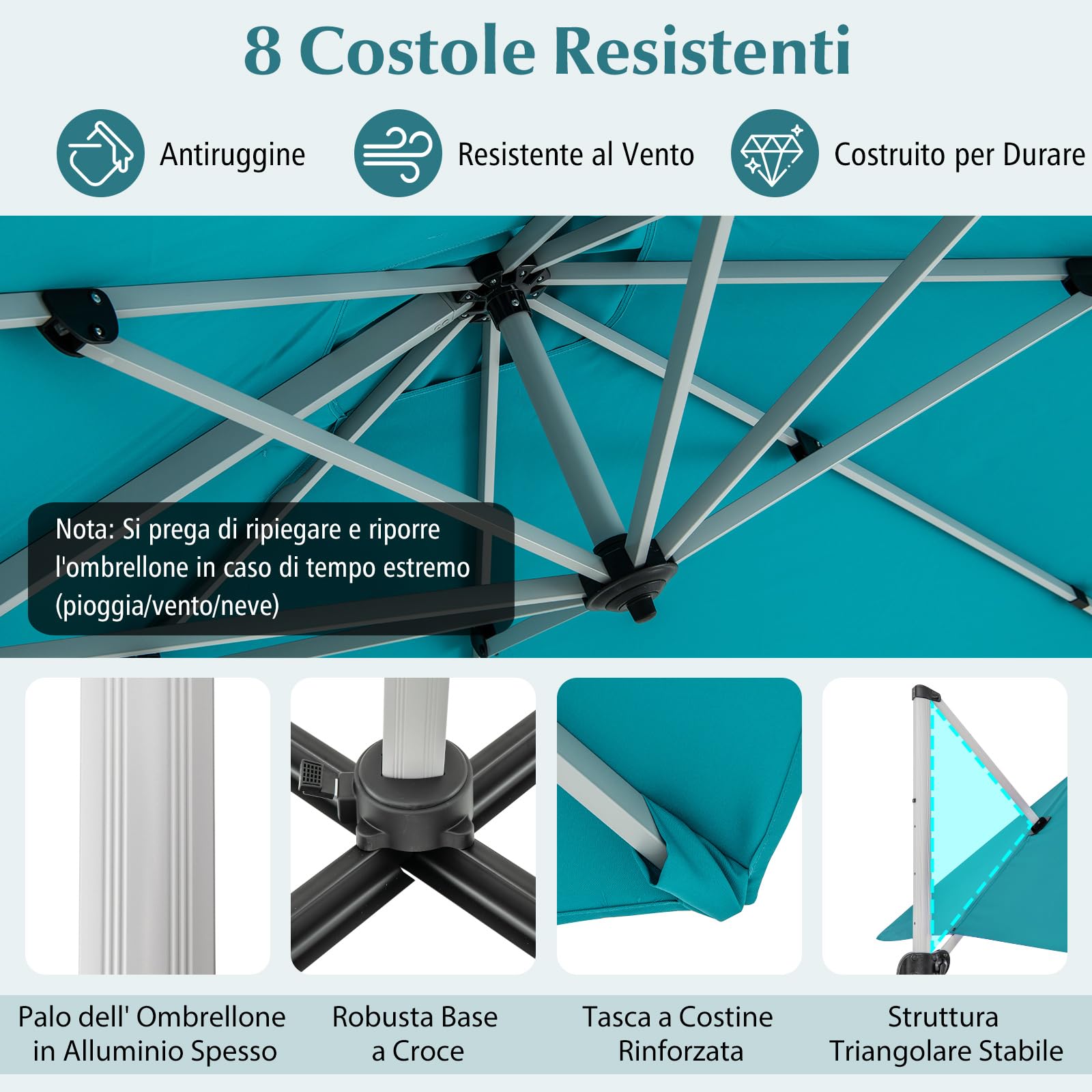 COSTWAY Ombrellone da Giardino 300 cm, Ombrellone Quadrato da Esterno con Rotazione a 360°, Inclinazione Regolabile, Base a Croce, 8 Stecche (Blu)