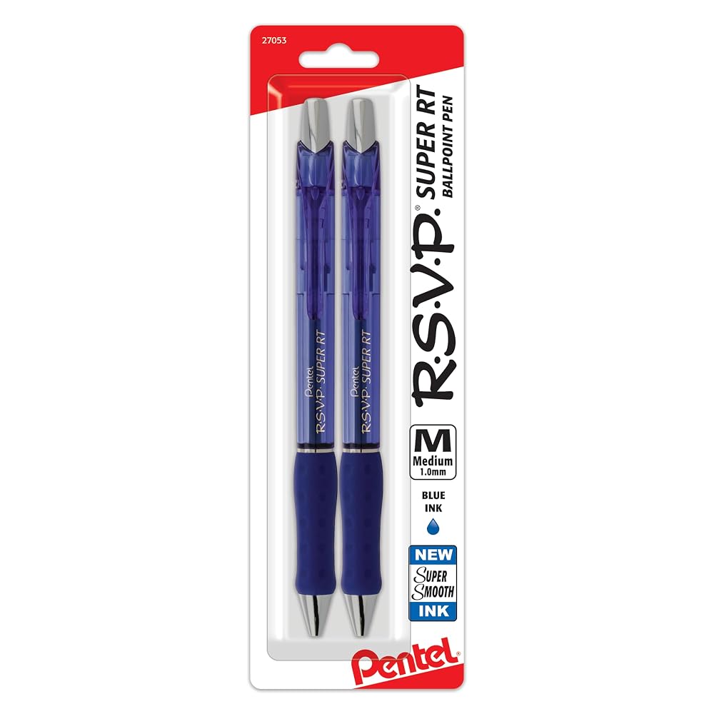 Pentel RSVP Super RT Ballpoint Pen, (1.0mm) Medium Line, Blue Ink, Pack of 2 (BX480BP2C)