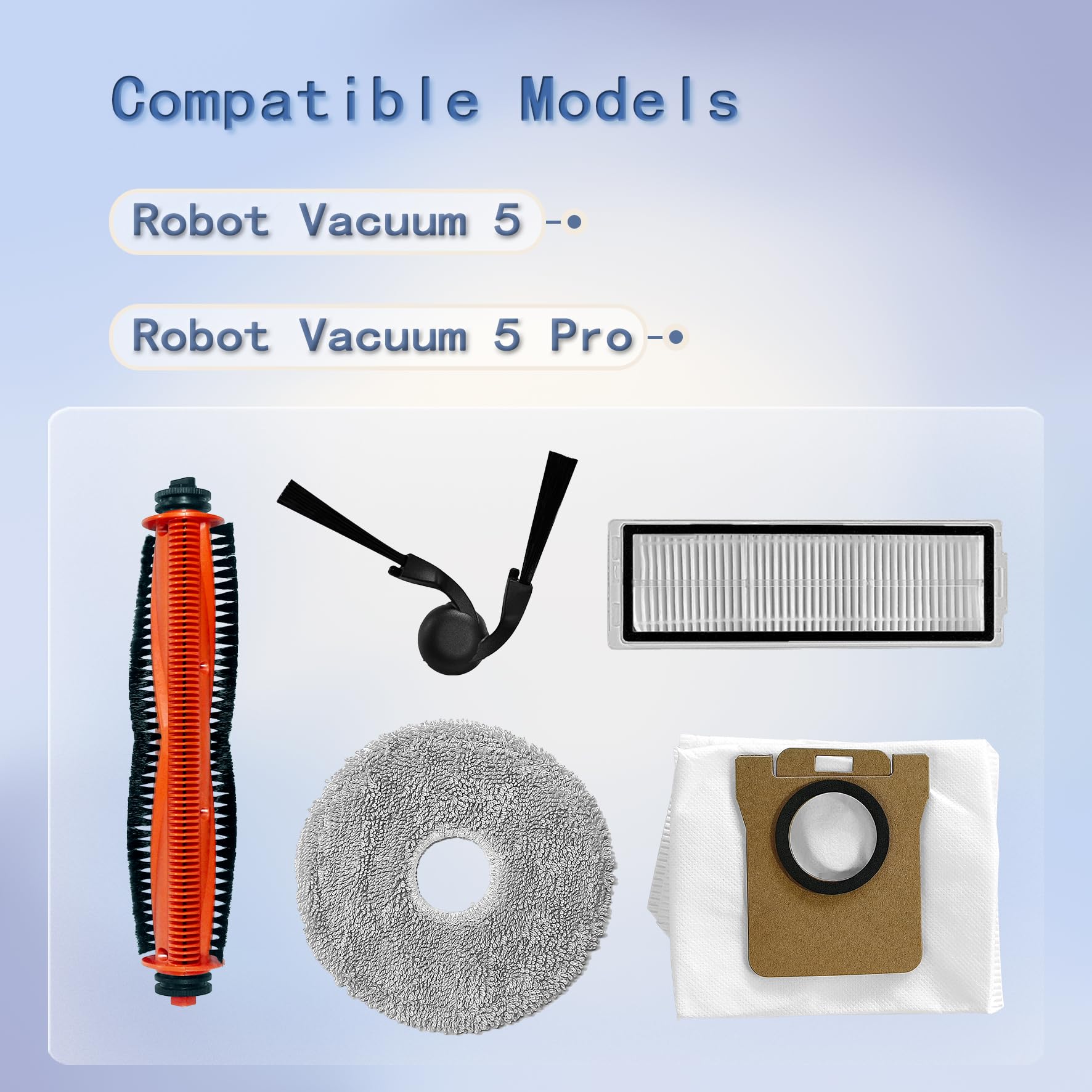 Zestaw akcesoriów zamiennych kompatybilny z Xiaomi Robot Vacuum 5, 5 Pro, części zamienne, Inculde 1 szczotka do strzyżenia włosów, 6 szczotek bocznych, 6 filtrów HEPA, 6 podkładek do mopa, 6 worków