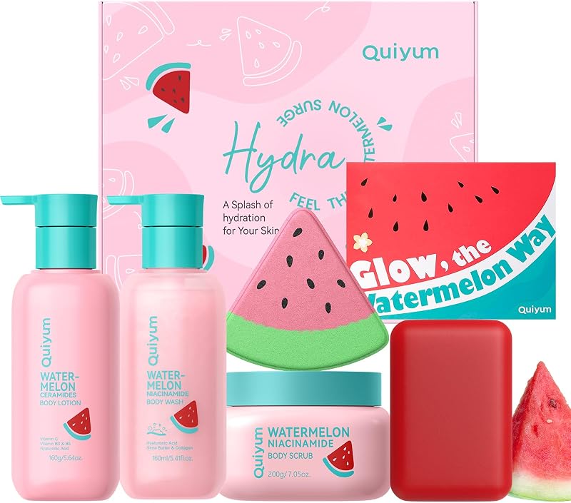 Watermelon Body Care Gift Set, 5-in-1 Supple & Glowing Skin Spa Box | Niacinamide Body Wash, Ceramides Body Lotion, Scrub, Soap, Bubble Bath Bomb & Greeting Card, Holiday Gifts for Women