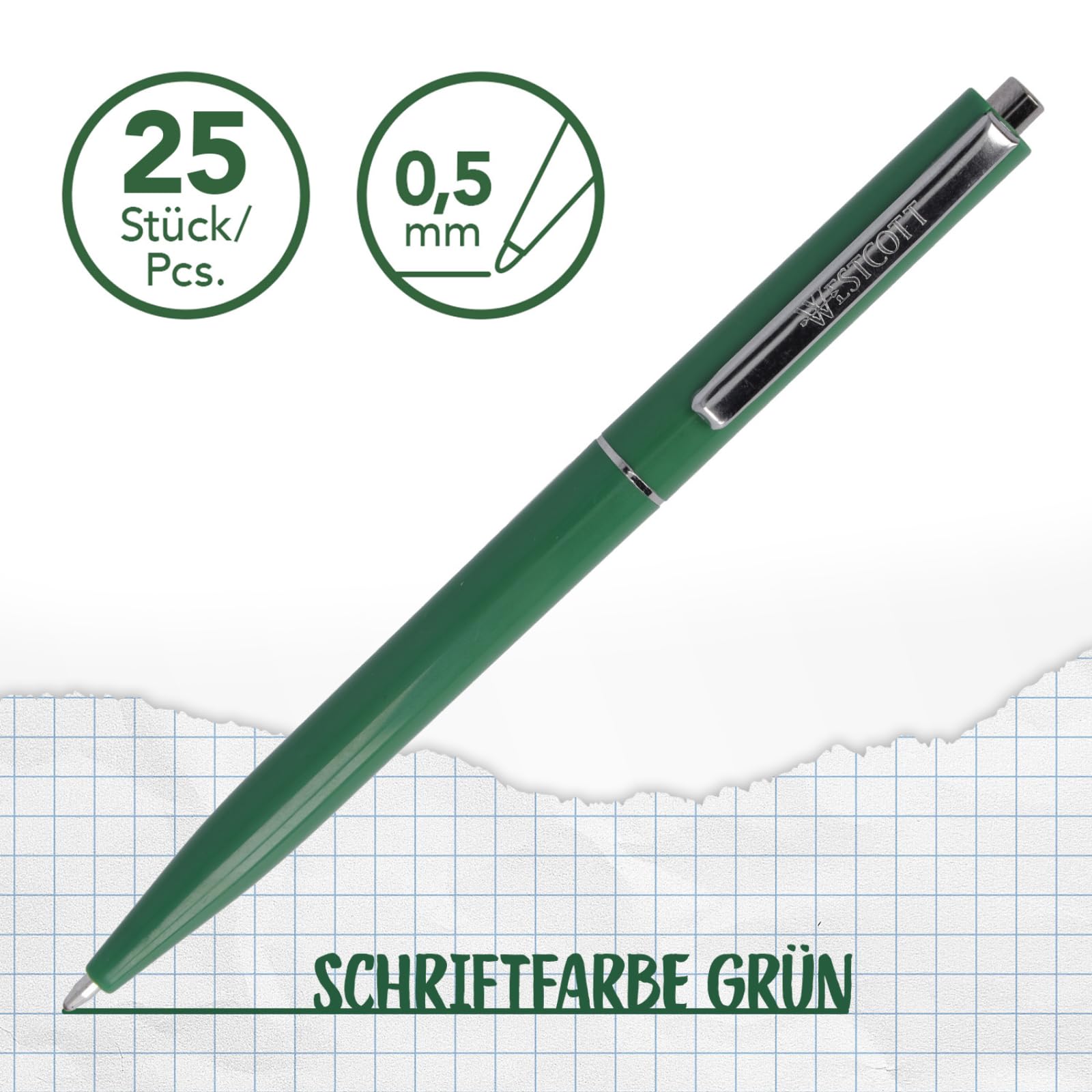 Westcott Kugelschreiber ALLTIME Grün 25 Stück (40er-Pack) | Großpackung Druckkugelschreiber mit grüner Tinte | Strichstärke M, X20 | Dokumentenecht ISO 12757-2 | Stabiler Metallclip | E-737463 00