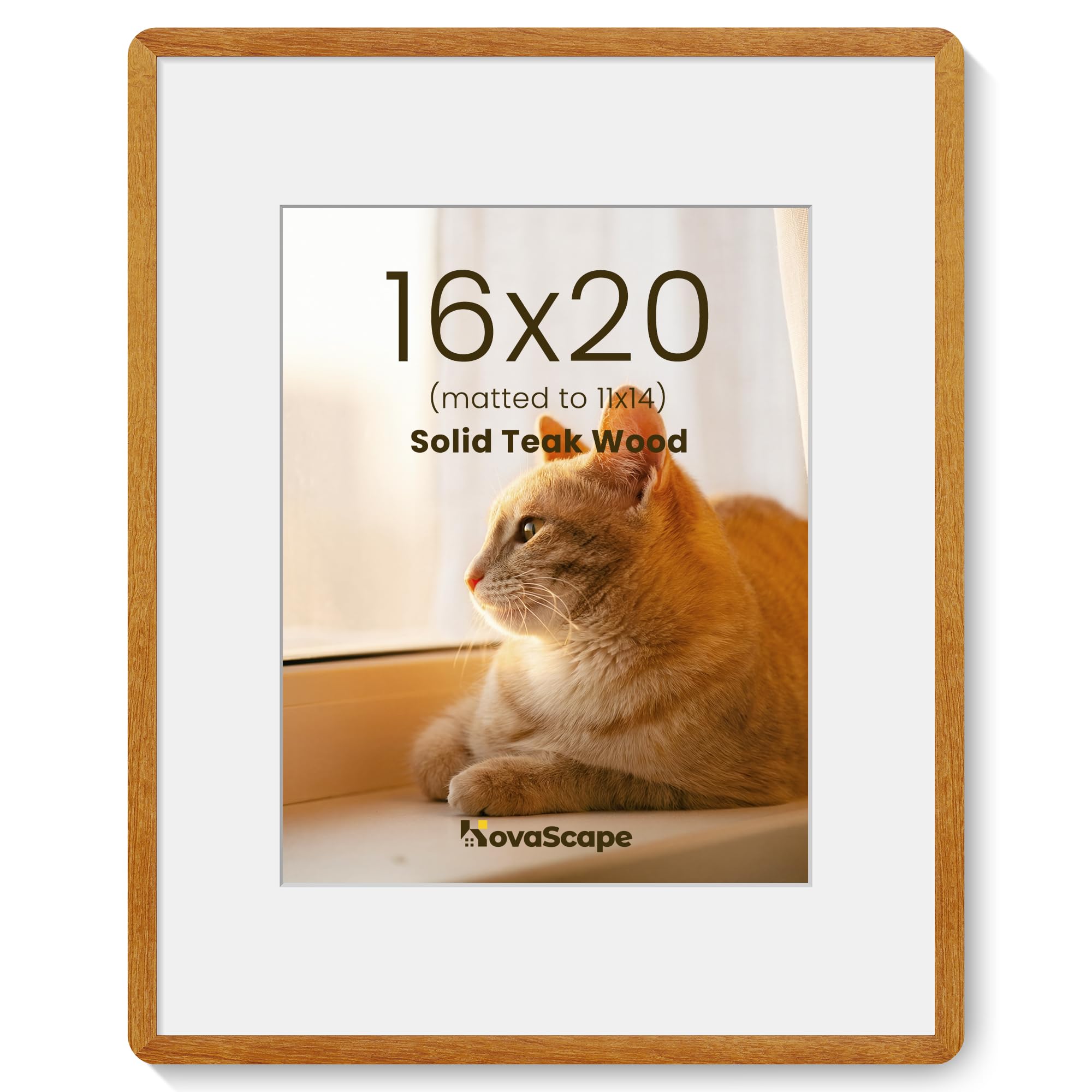 KovaScape 16x20 Picture Frames, Solid Teak Wood with Mortise and Tenon Joinery, Handcrafted Photo Frame with Mat for 11x14, High-Definition Tempered Glass, For Wall Hanging
