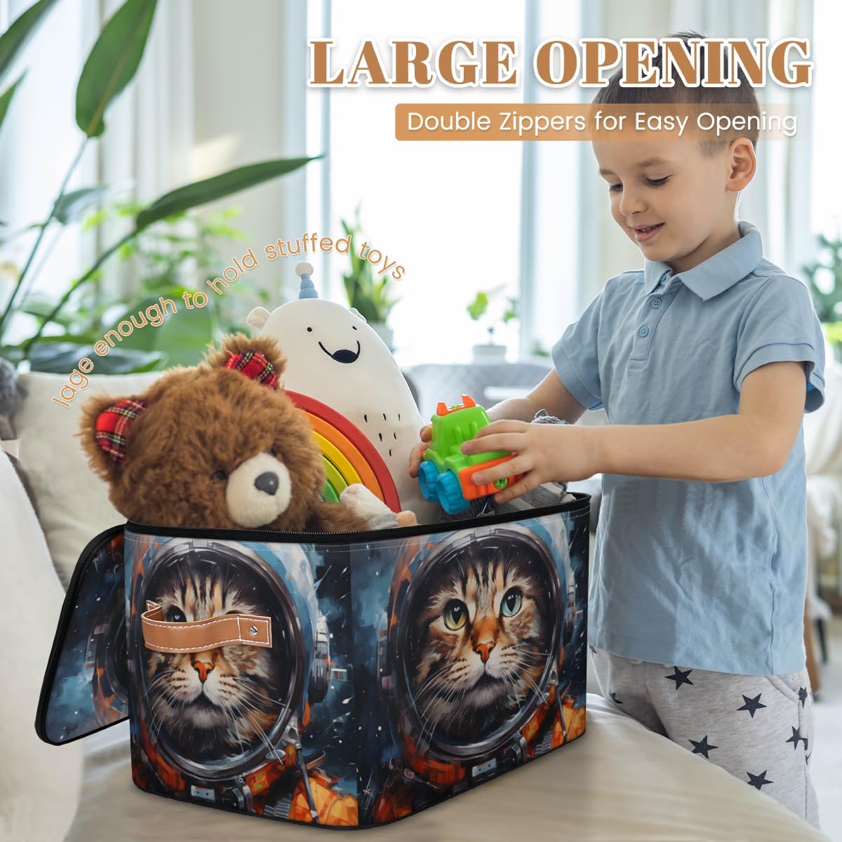 Storage Bin Set of 2 Astronaut Cat Storage Basket with Zipper Lid & Handle Foldable Closet Shelf 2 Pack Cloth Organizer Basket Cube Bins Clothes Organizer for Bedroom, Nursery