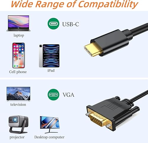 Miniatura 5 de Cable USB C a VGA de 3 pies, cable VGA a USB C para monitor, cable tipo C a VGA, cable USB C a VGA compatible con MacBook ProAir, iPad Pro,
