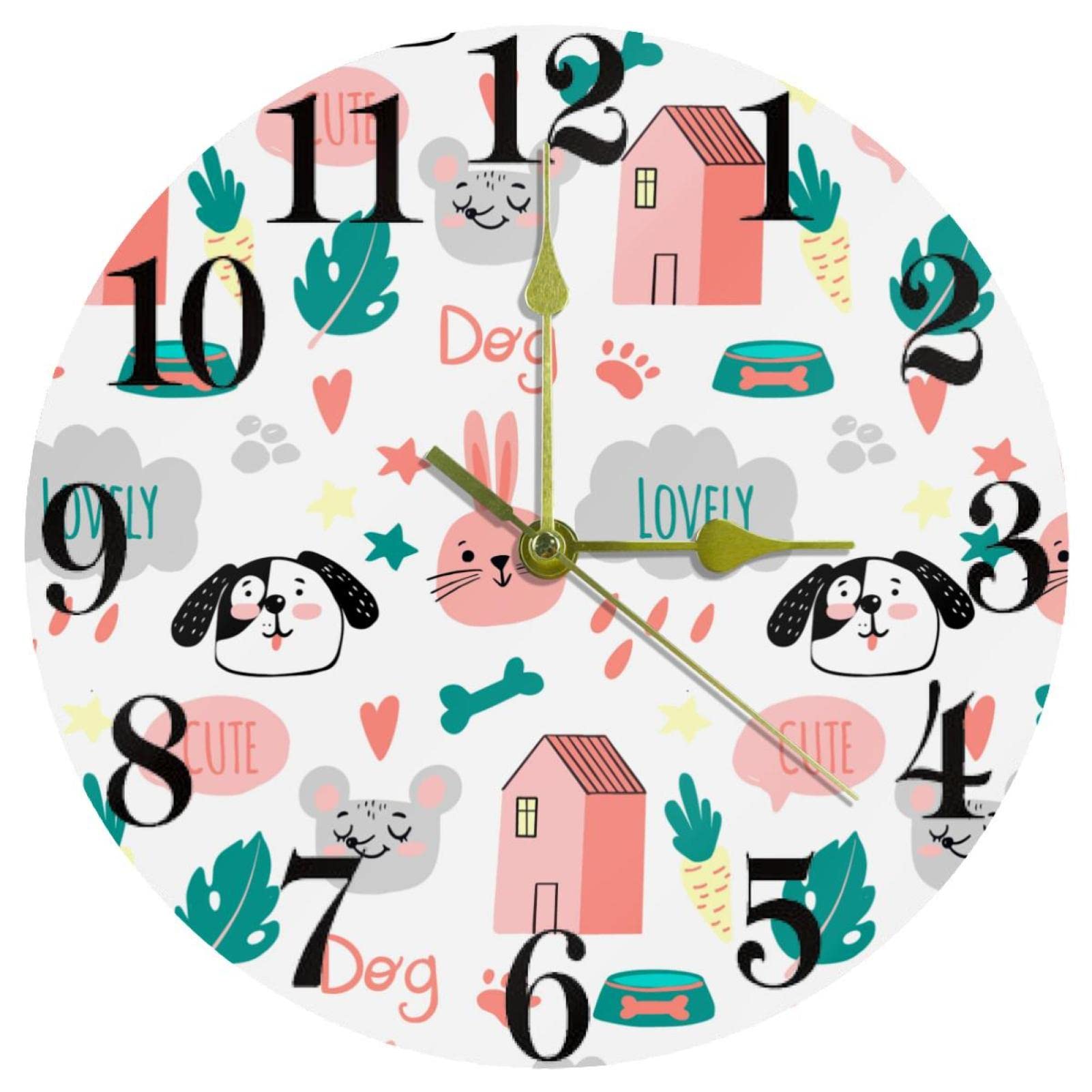 Horloge murale silencieuse pour cuisine et école avec design illustré chiens