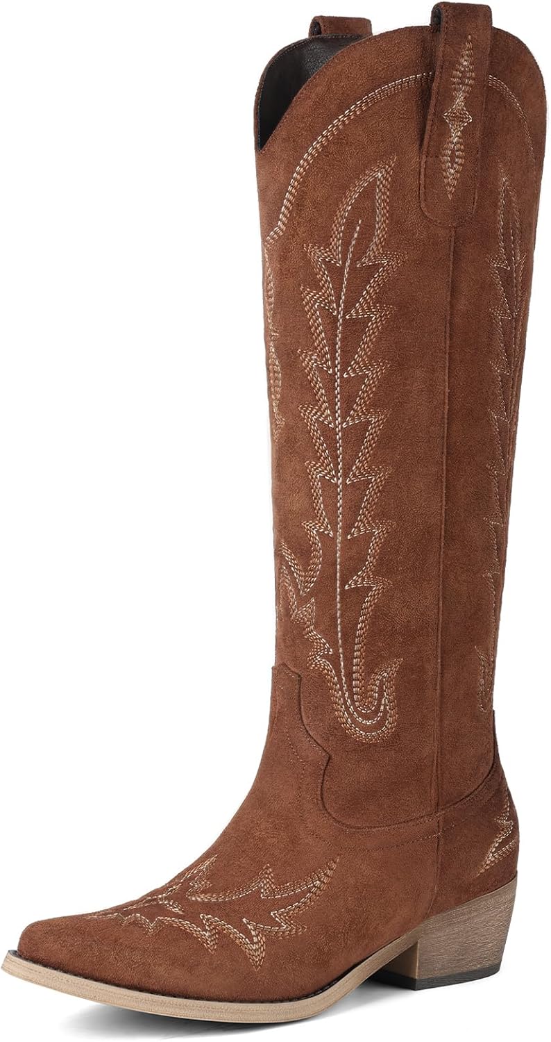  Cowboy Boots for Women - Knee High Pointed Toe Chunky Heel Pull On Zipper Western Cowgirl Boots, Retro Country Vintage Fashion Tall Boots thumbnail