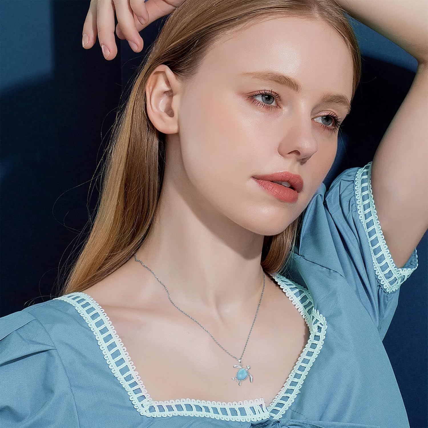 Natural Larimar Turtle Dolphin Necklace Sterling Silver Pendant Ocean Jewelry Birthday Gifts for Women - Image 3