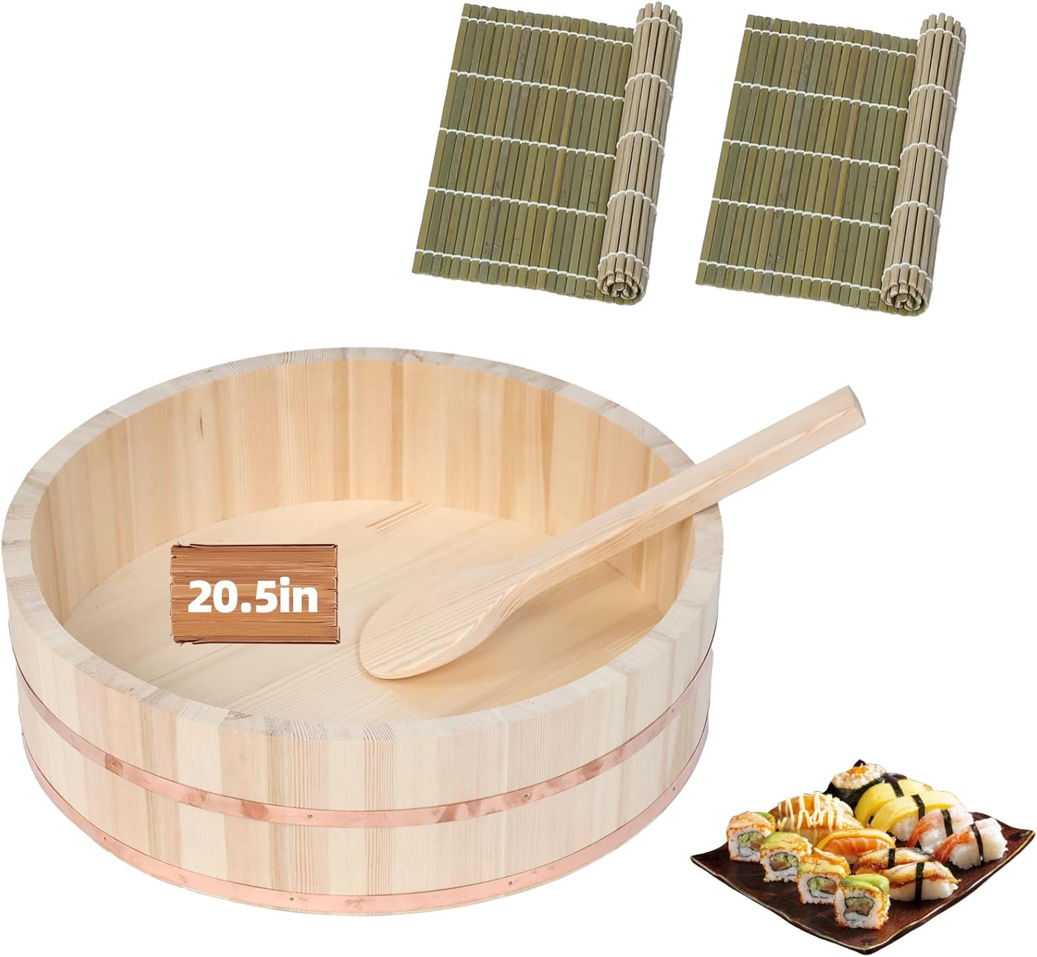 Professional Japanese Hangiri Sushi Rice Mixing Tub Set - Wooden Oke Bowl with Paddle & Makisu, Authentic Sushi Making Kit for Home & Restaurant (4 Sizes) (23.6' inch)