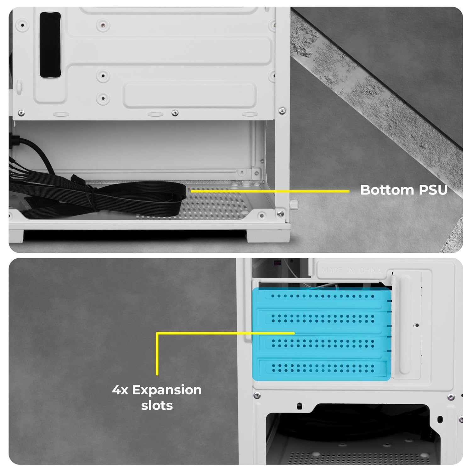 Bottom PSU mounting area and 4 expansion slots in ZEBRONICS Iceberg chassis