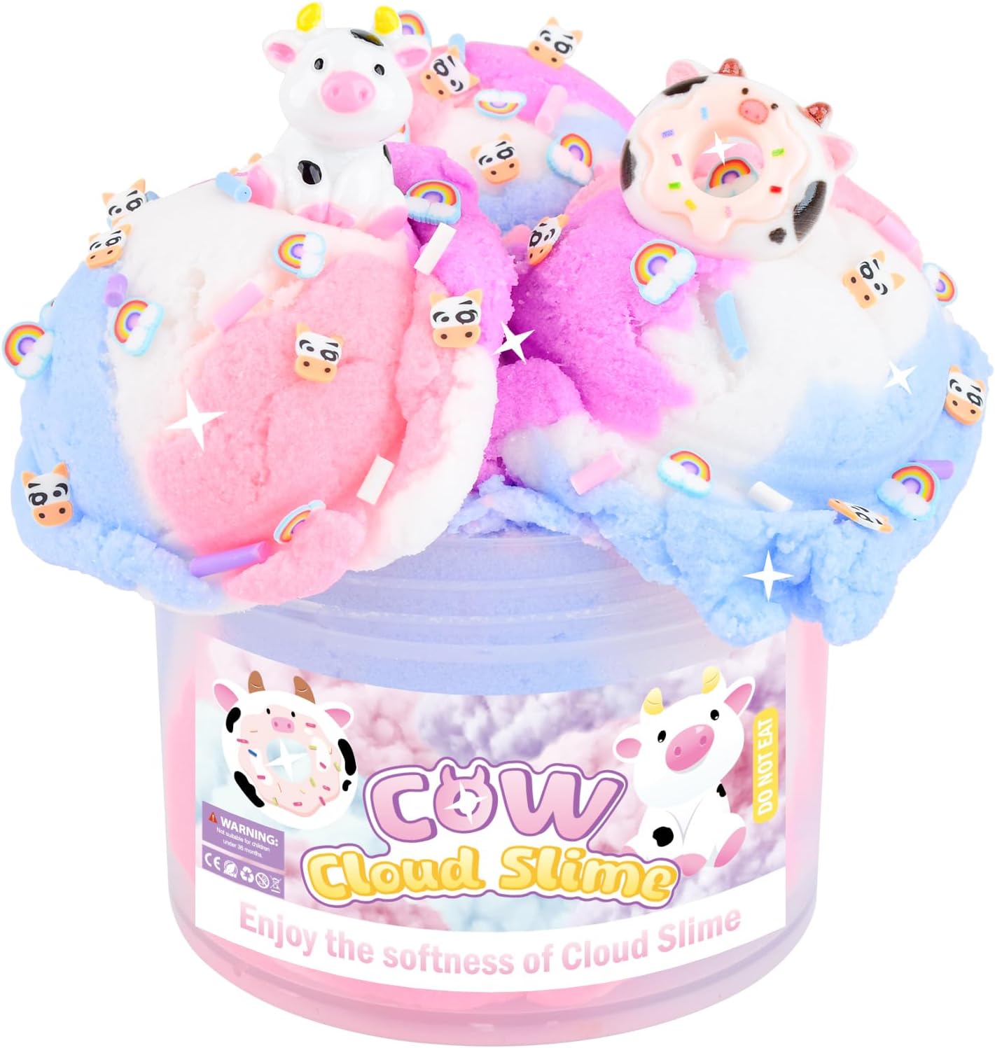 Pink Cow Cloud Slime, Scented Slime with Cute Donut Cow Charms and Rainbow Cloud Add-ins, Birthday Gifts for Kids 4-12, Party Favors for Girls and Boys, Super Soft Sludge Toy