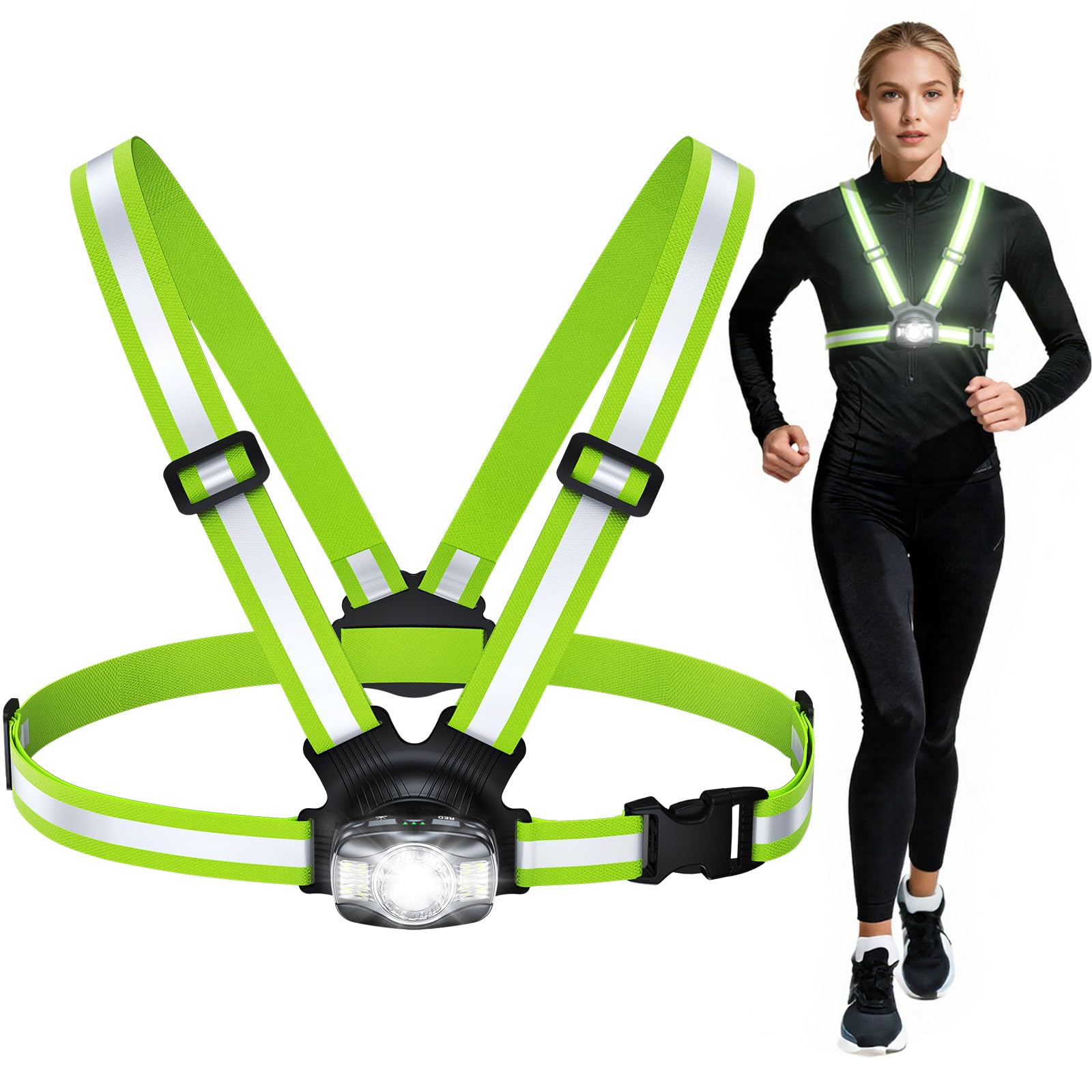 Feux de course pour coureurs, 500 lumens, faisceau réglable à 45°, 6 modes et étanchéité IPX4, gilet réfléchissant rechargeable 1800 mAh pour marche nocturne, cyclisme, jogging, randonnée