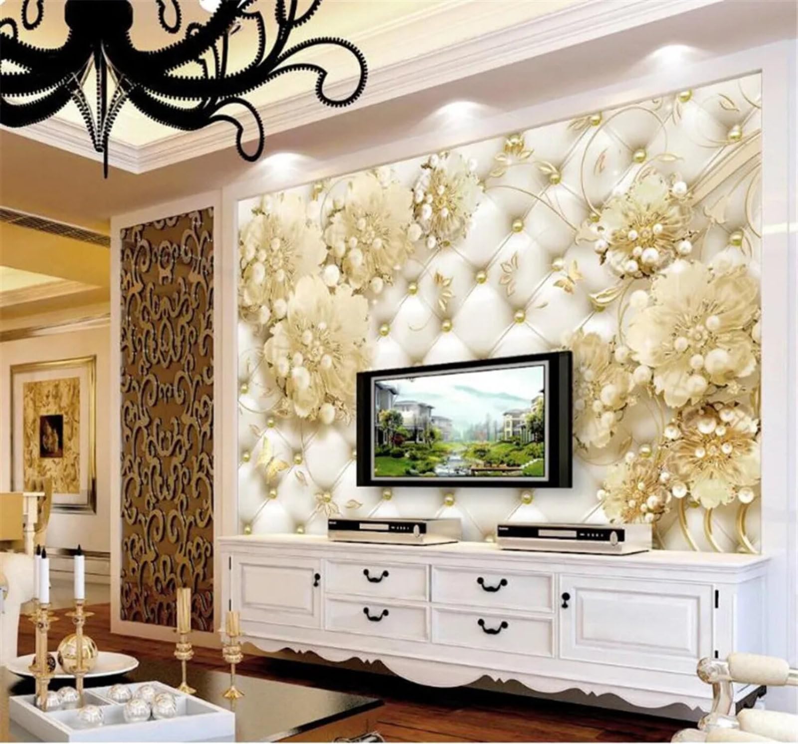 Tzxztt Luxury Pearls Upholstered Jewellery Flowers Modern 3D Wallpaper Premium Textured Silk Neutral Tones Material Ideal for Living Room Bedroom-250cm×170cm