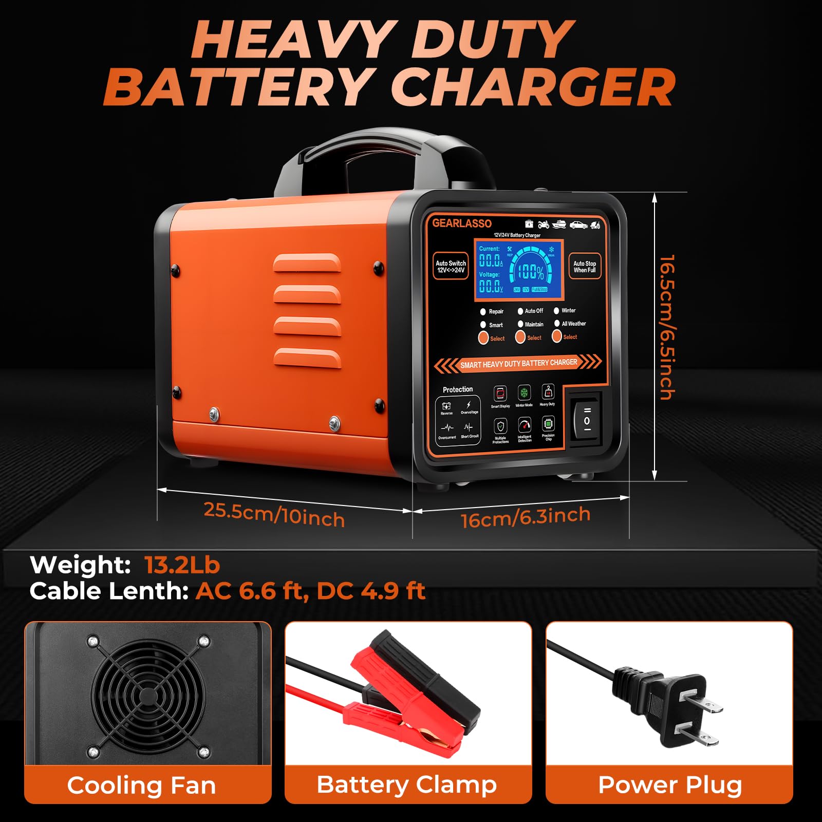 Caricabatterie per auto da 12 V 24 V, resistente, manutenzione automatica della batteria 0-15 A, caricabatterie intelligente con spegnimento automatico, riparazione, modalità invernale, per