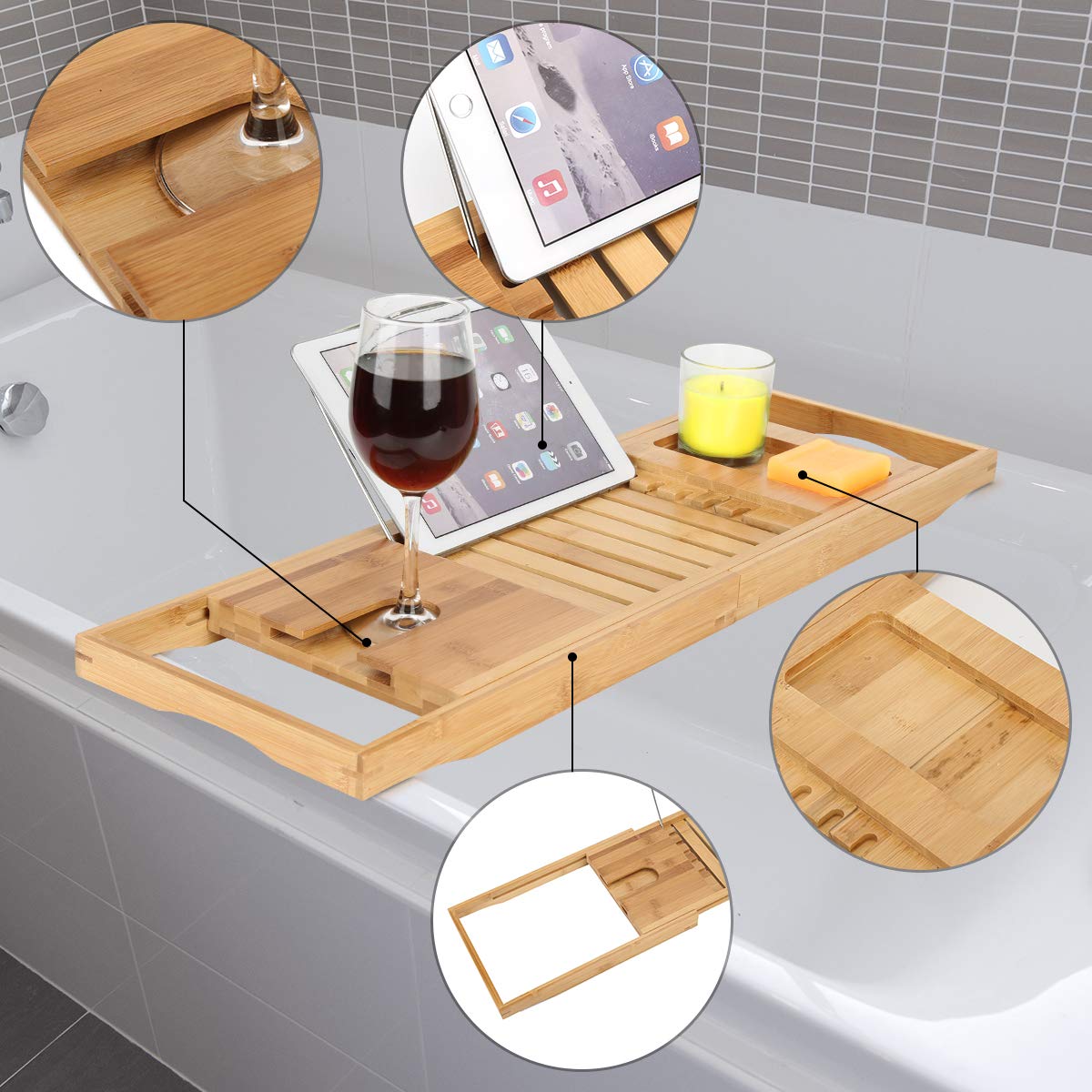 Woodluv Premium Bath Caddy with Extendable Arms, Candle Slot, Wine