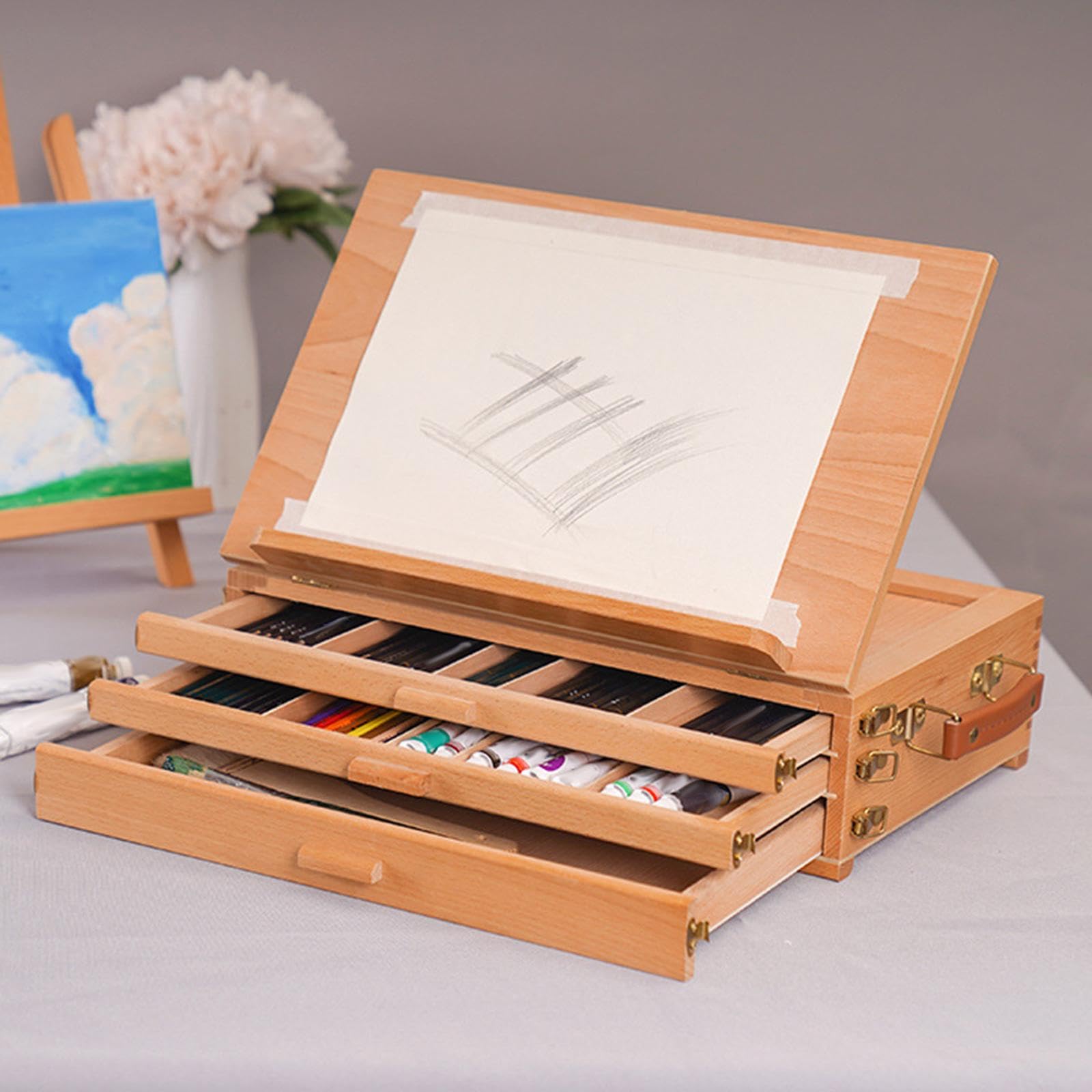 kesurpae Chevalet de table compact en bois, boîte de rangement pour matériel d'art, facile à transporter pour les séances dessin et peinture. Boîte à croquis bureau pliable avec un rebord, Beige, S