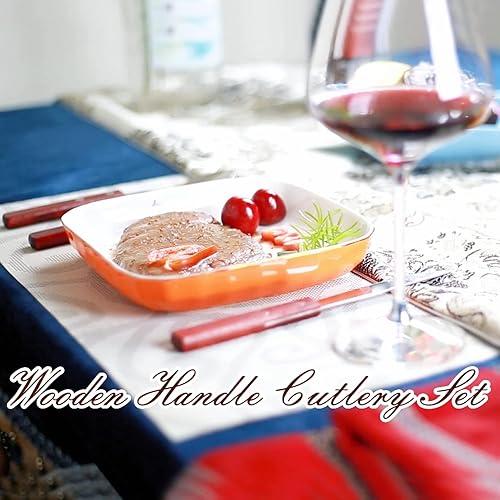 Miniatura 2 de Juego de cubiertos de acero inoxidable con mango de madera, tenedores, cucharas, cuchillos, juego de cubiertos