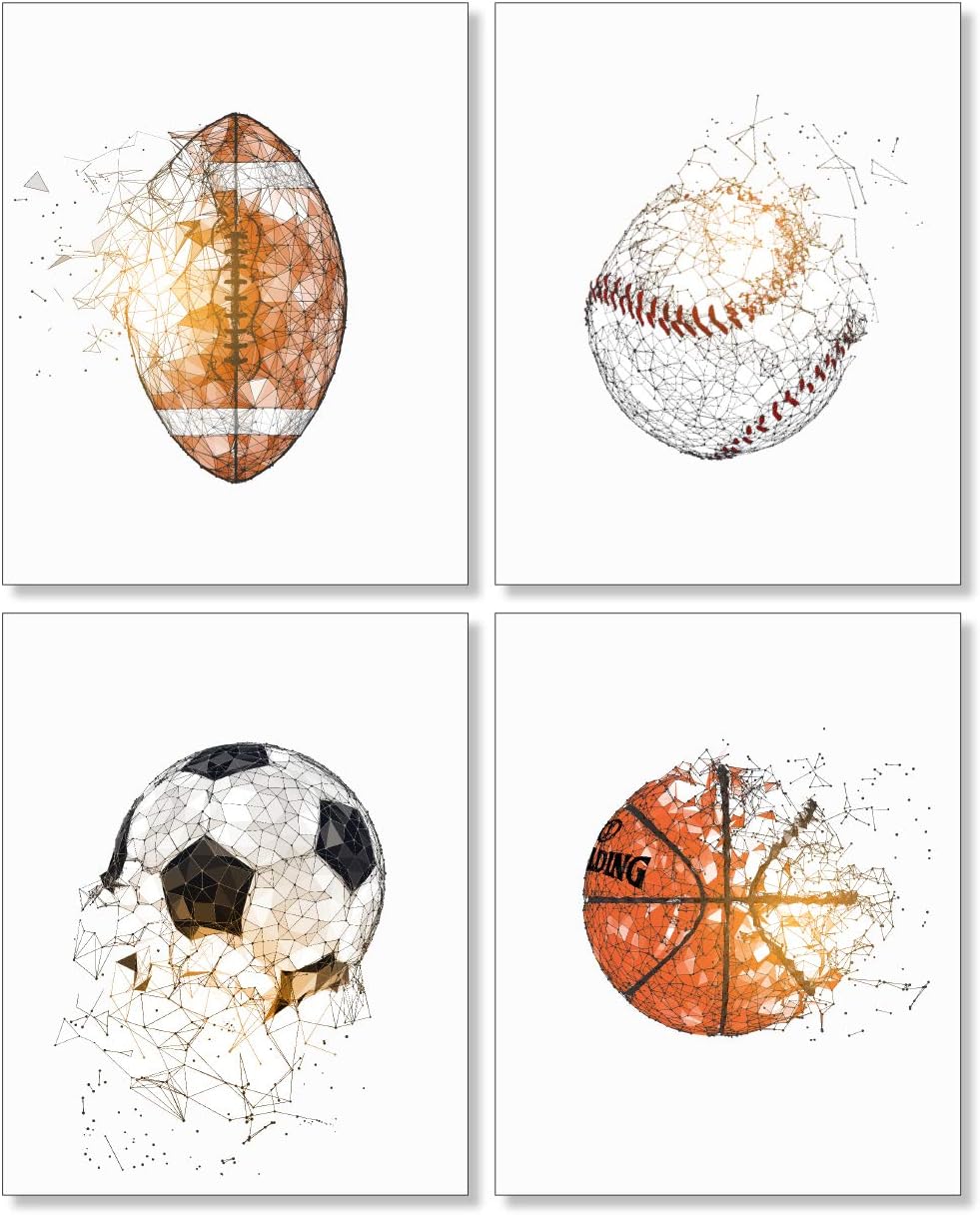 Confetti Fox Football Baseball Soccer Basketball, Kids Bedroom Bathroom Wall Posters, Toddler Nursery (8x10 Unframed Set of 4 Art Prints)