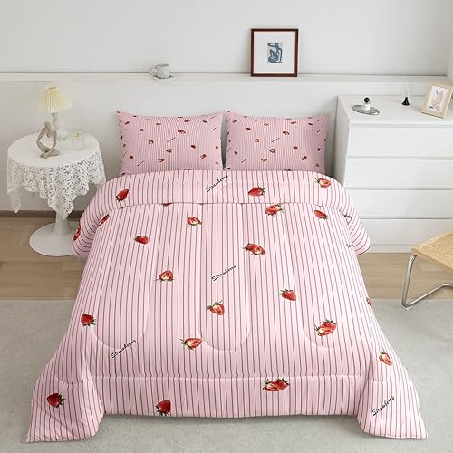 Erosebridal Juego de ropa de cama de fresa para niñas, juego de edredón de frutas kawaii, tamaño Queen, lindo edredón de plumón de fresa de dibujos