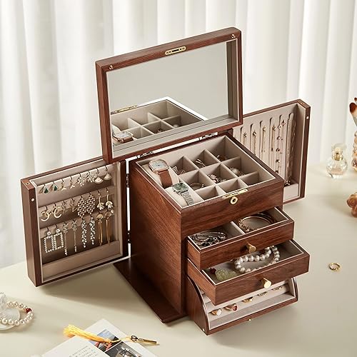 Miniatura 6 de Joyero de madera de nogal negro, organizador de joyas de madera con 2 puertas laterales, espejo con cerradura, clásico, para reloj, collar, anillos,