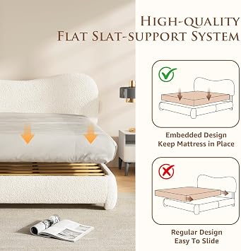 4ft6 Double Boucle Bed Frame Double Upholstered Platform Bed with Curved Adjustable Headboard, No Box Spring Needed (Beige, 4ft6 Double)