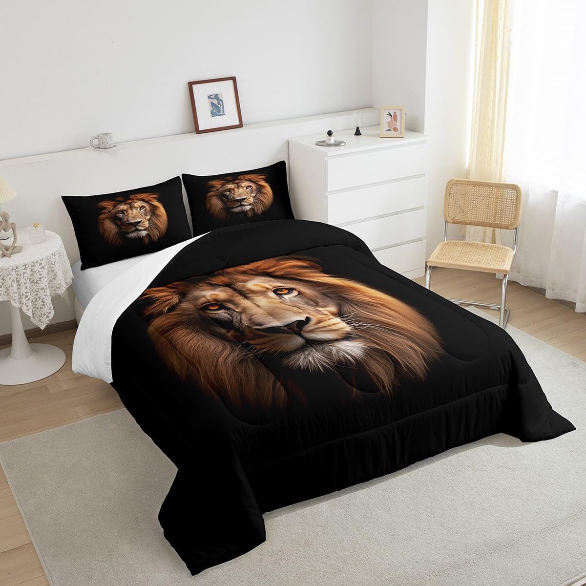 Lion Kids Comforter Set Full Size,Wild Animals Wildlife Fur Bedding Set,Girls Boys Women Room Decor,Jungle Animals Hunting Down Comforter,Brown Black Retro Duvet Insert,2 Pillowcases