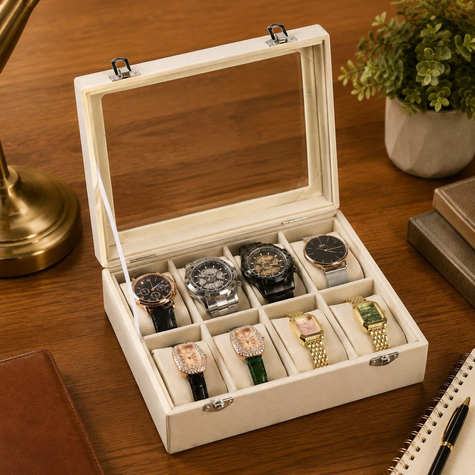 Scatola Porta Orologi/organizer per 8 Orologi Da Polso E Gioielli, con Coperchio Trasparente E Materiale in Tessuto Morbido, Ideale Come Regalo E per