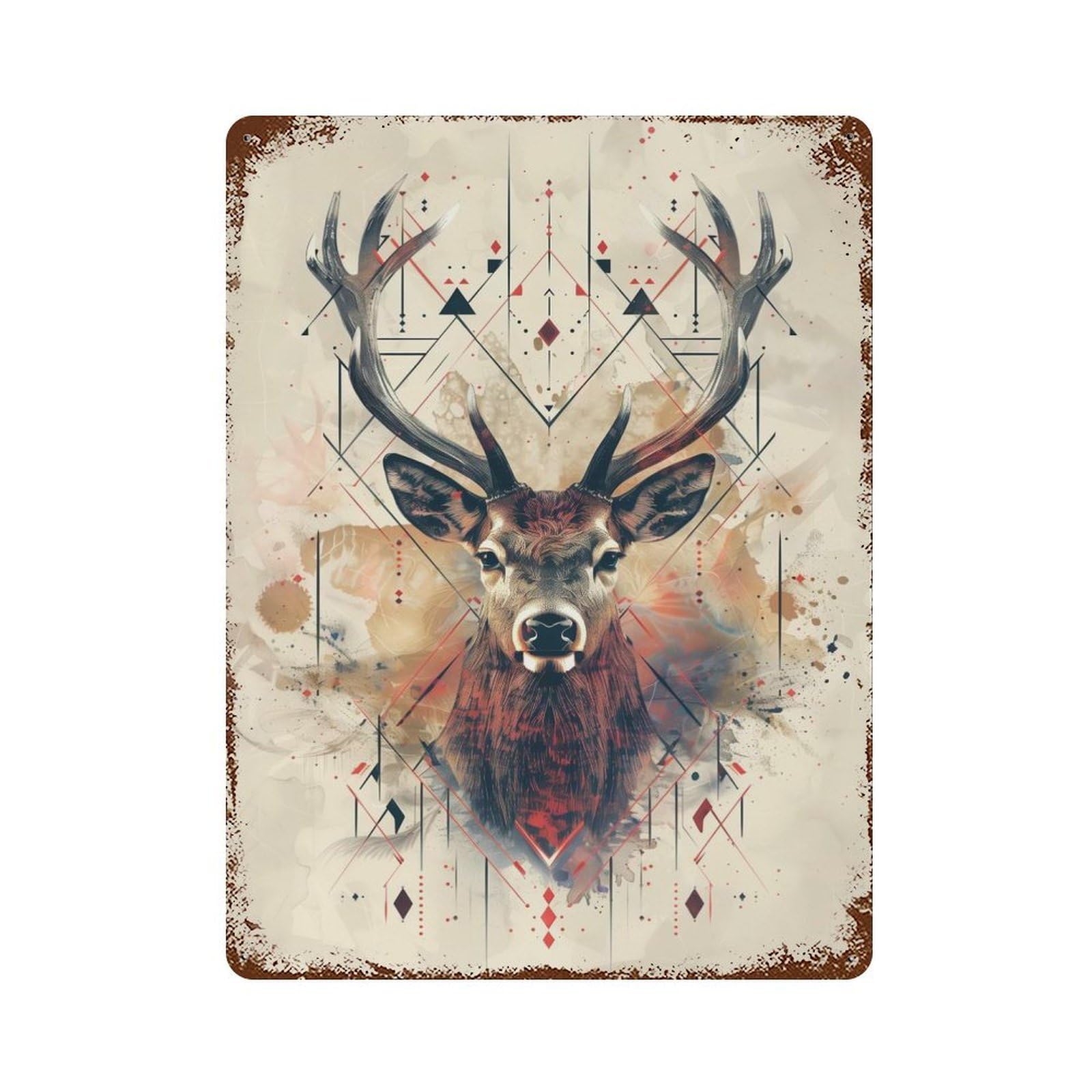 Geometric Deer Portrait with Abstract Patterns Vintage Wall Sign 15.7"x11.8", Rust Effect Metal Decor for Office, Studio And Wall Decor
