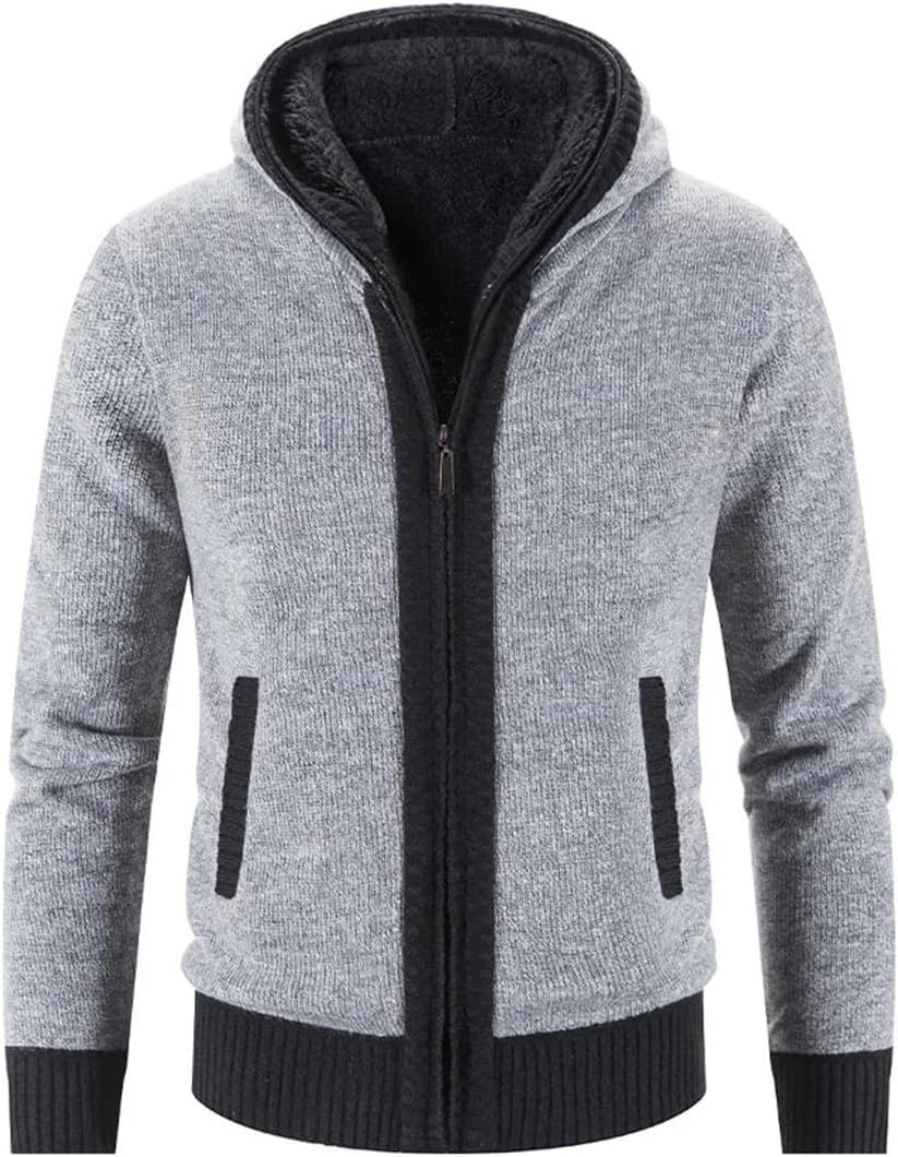 Men's Hooded Thick Warm Knit Cardigan Solid Color Casual Slim Fit Business Knit Cardigan Jacket with Pockets
