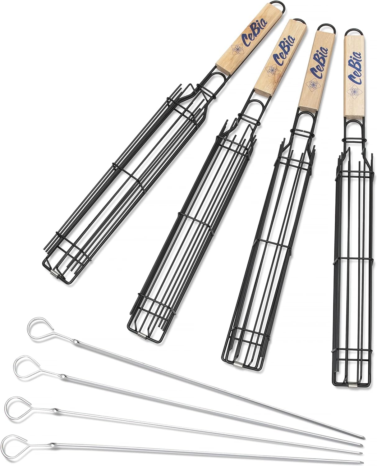 Katai - Ensemble de 8 paniers de grillade pour barbecue extérieur - 4 paniers en métal pour grill, 4 brochettes plates pour légumes, viande, poisson et kebab