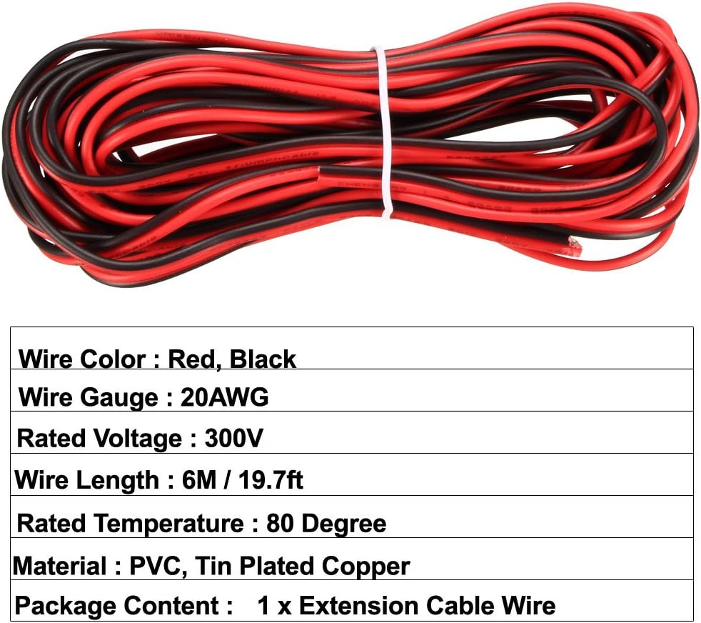 uxcell Red Black Wire 2pin Extension Cable Cord 20 AWG Parallel Wire Tin Plated Copper 6M Length for LED Strip Light