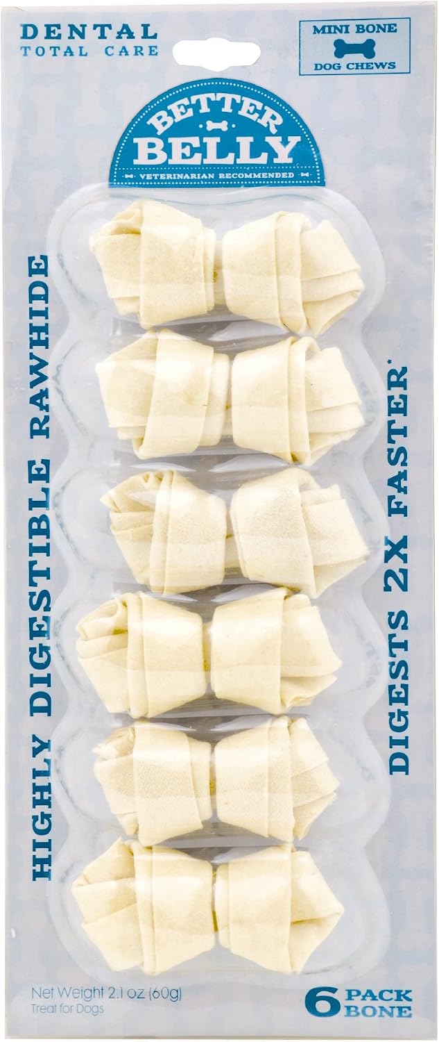 Better Belly Dental Small Bones Highly Digestible Rawhide, Reduces Tartar Buildup, Mini | 6-count