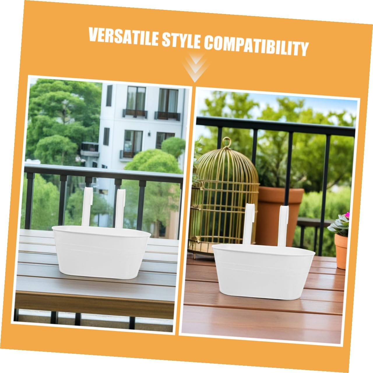 minkissy 3pcs Hanging Iron Flower Pots with Detachable Handles, Oval White Metal Outdoor Balcony Planters for Garden Fence Railing Hanging Baskets