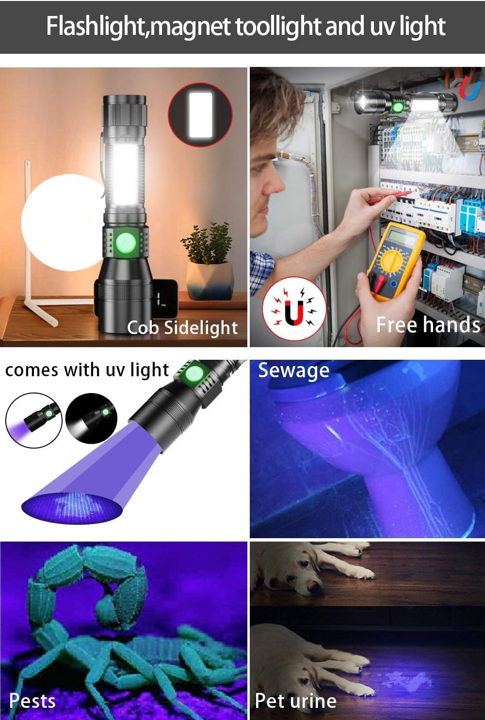 Rechargeable UV Flashlight,Magnetic Blacklight 3 in 1, 18650 Battery Side Work Light, Zoomable, Water Resistant LED Torch for Pet Urine Stains Detection Mechanics, Pack of 2 - - 
