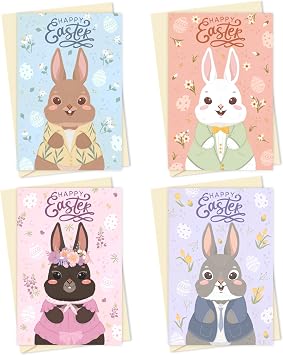 Honeyplum Easter Cards With Envelopes For Kids, Grandkids, and Adults - Set of 4 Pack - Fun, Cute, and Colorful Bunny Portrait Cards - 4 x 6 Inches