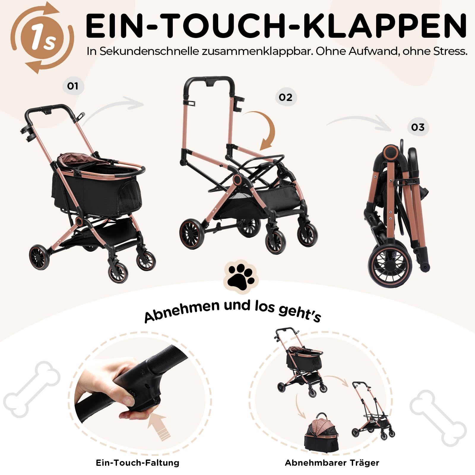 GTPLAYER Hundewagen 4 in 1 Hundebuggy, Hundebox klappbar Hund Kinderwagen bis 25kg, Faltbar Katzenwagen mit 360°Drehrädern, Netzfenstern, Verstellbaren Markise&Getränkehaltern, Roségold