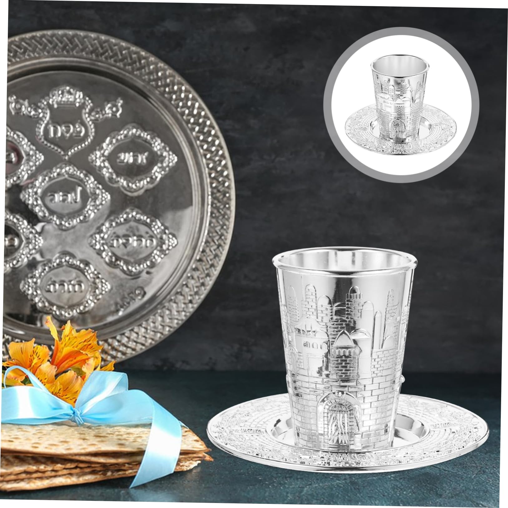 Didiseaon Set Calice Inciso per Celebrazione di Pesach e Shabbat in Lega di Zinco Argento con Design Elegante e Raffinato per Accessori Vino Regalo