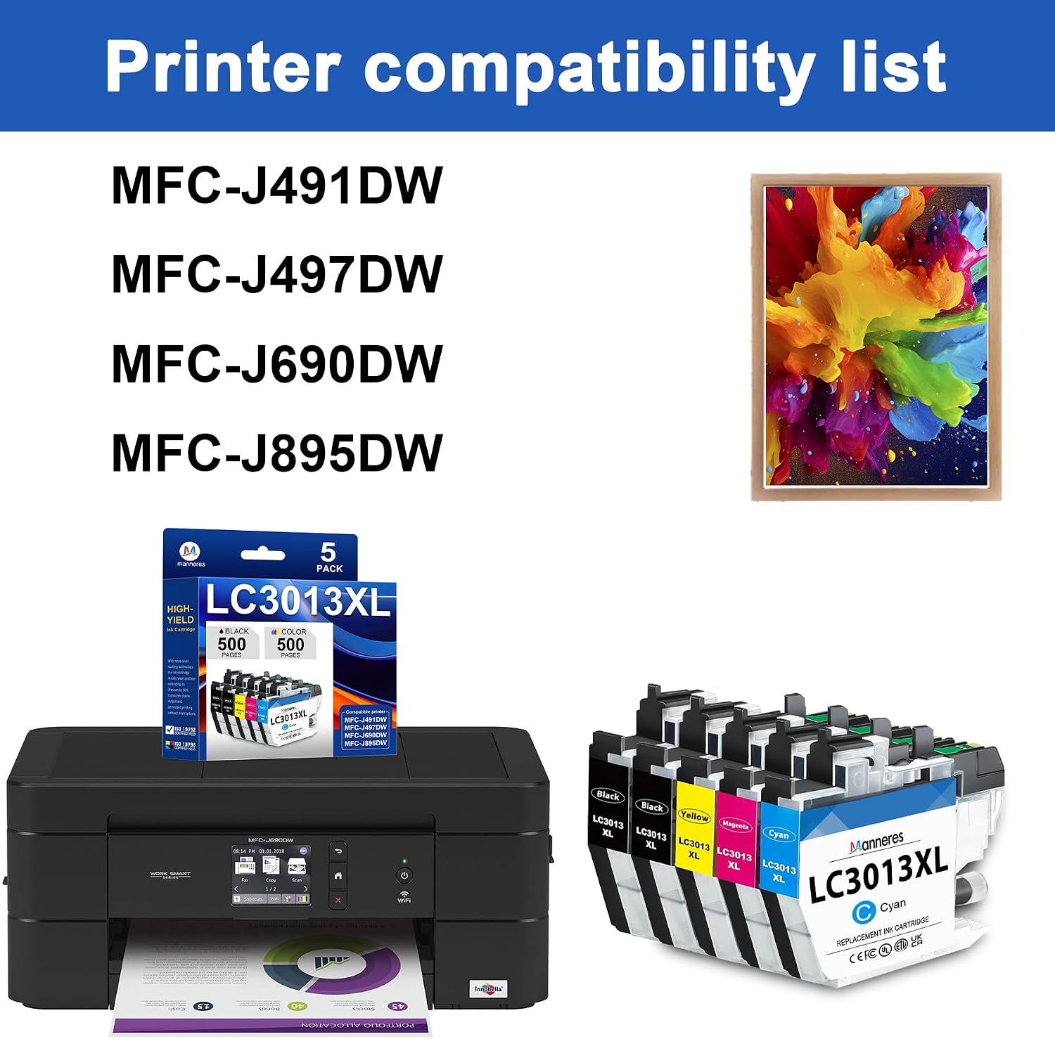 LC3013XL LC3013 Ink Cartridges 5-Pack High Yield Compatible for Brother LC-3013XL LC3011XL to Work with MFC-J497DW MFC-J491DW MFC-J895DW MFC-J690DW Printer (2BK/1C/1M/1Y)