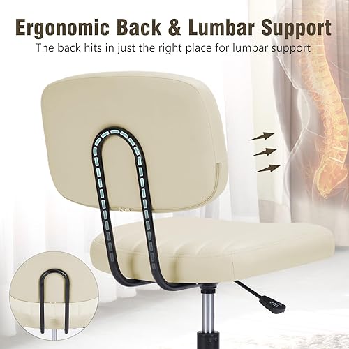 Miniatura 22 de DUMOS Silla ejecutiva pequeña de escritorio para el hogar sin brazos con soporte lumbar de respaldo bajo, silla de oficina de piel sintética Beige