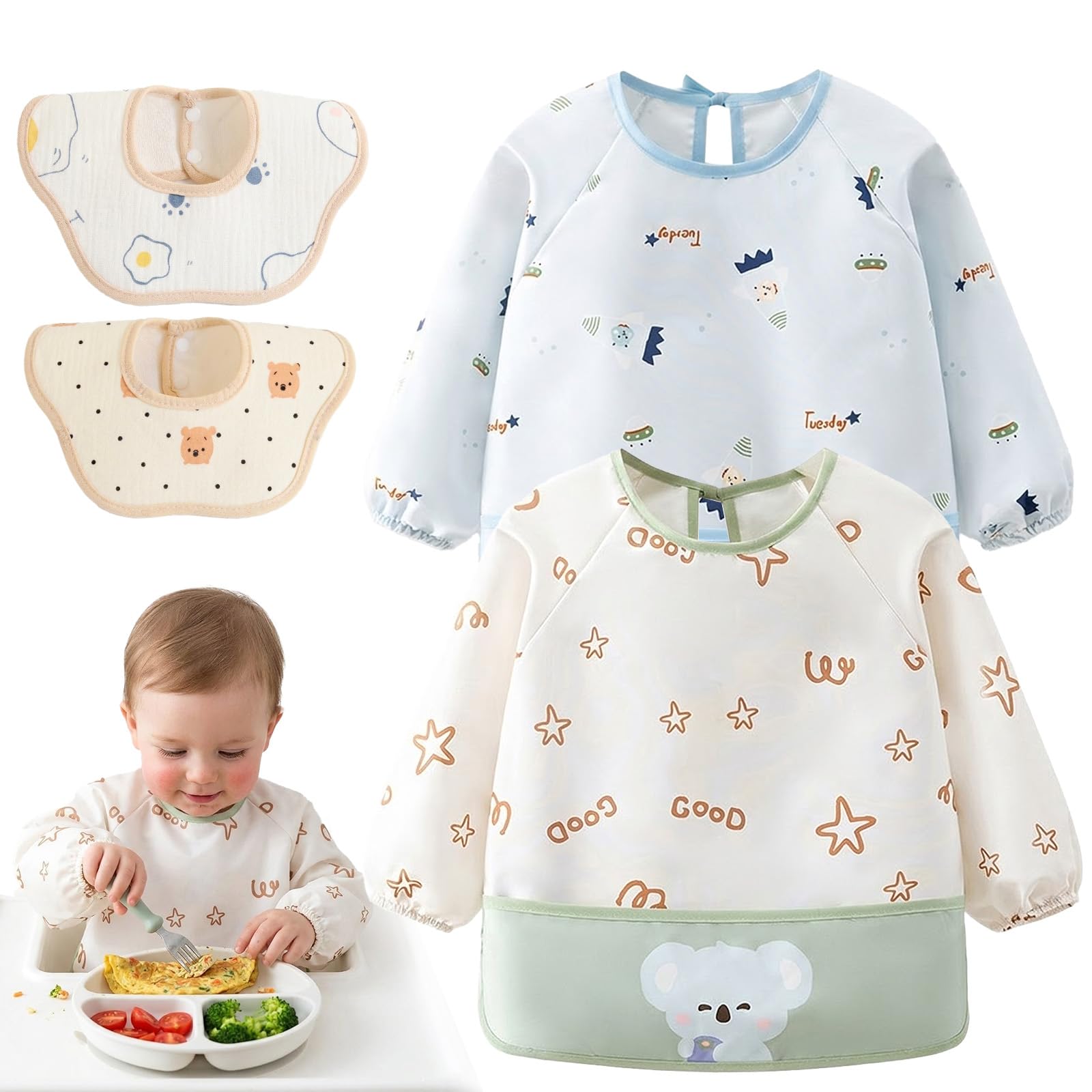Qibivfo Baby Lätzchen Set 4er, 2 Lätzchen mit Ärmeln & 2 Blumenförmige Sabberlätzchen, Wasserdicht, Schnelltrocknend, Maschinenwaschbar, Baby Lätzchen Jungen Mädchen 6–24 Monate