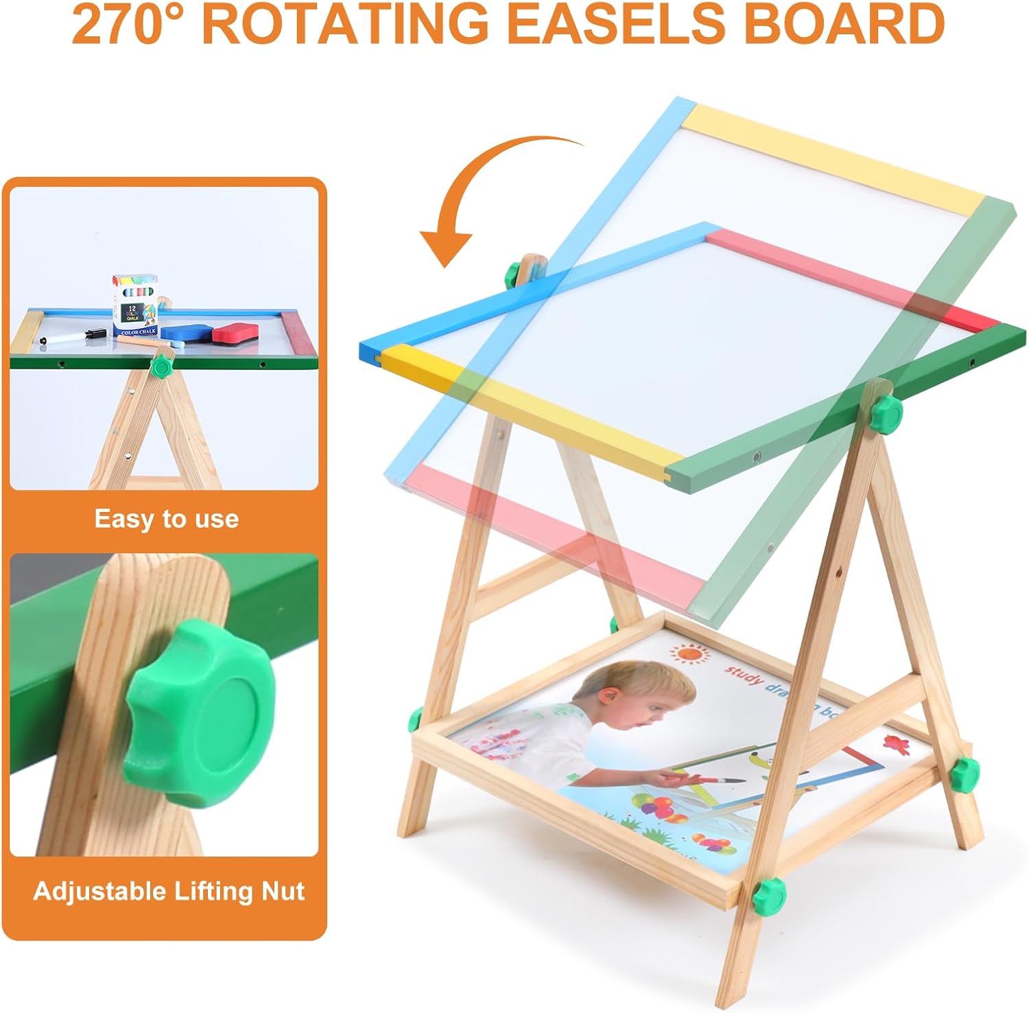 Wooden Art Easel for Kids, 2 in 1 Multi-Functional Double-Sided Adjustable Blackboard/Whiteboard with Storage Tray, Designed for Toddlers' Drawing and Doodling (Magnetic Easel)