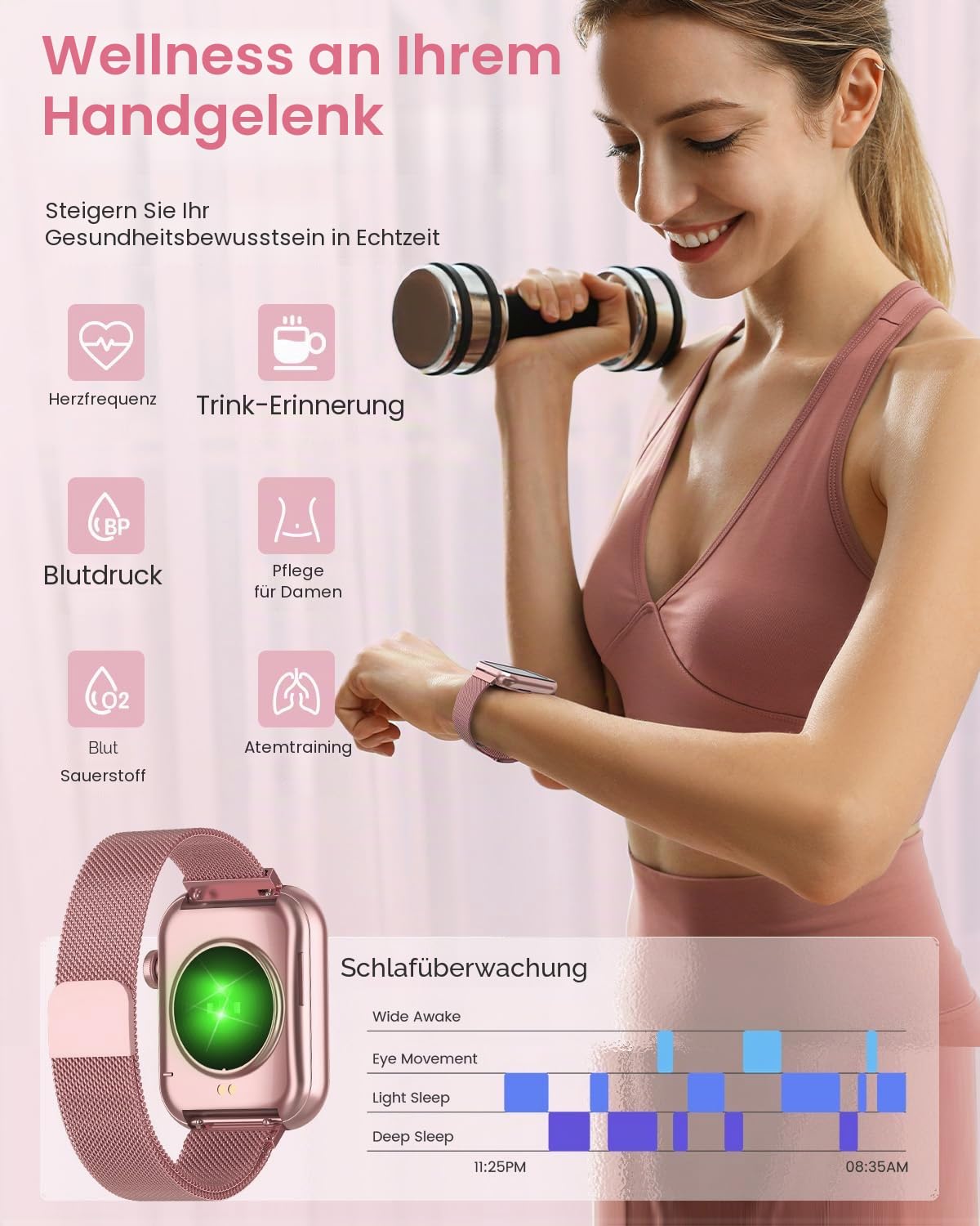 Smartwatch Damen mit Telefonfunktion 1,85 Zoll Fitnessuhr SpO2 Herzfrequenz Schlafmonitor IP68 wasserdicht für iOS Android Rosa