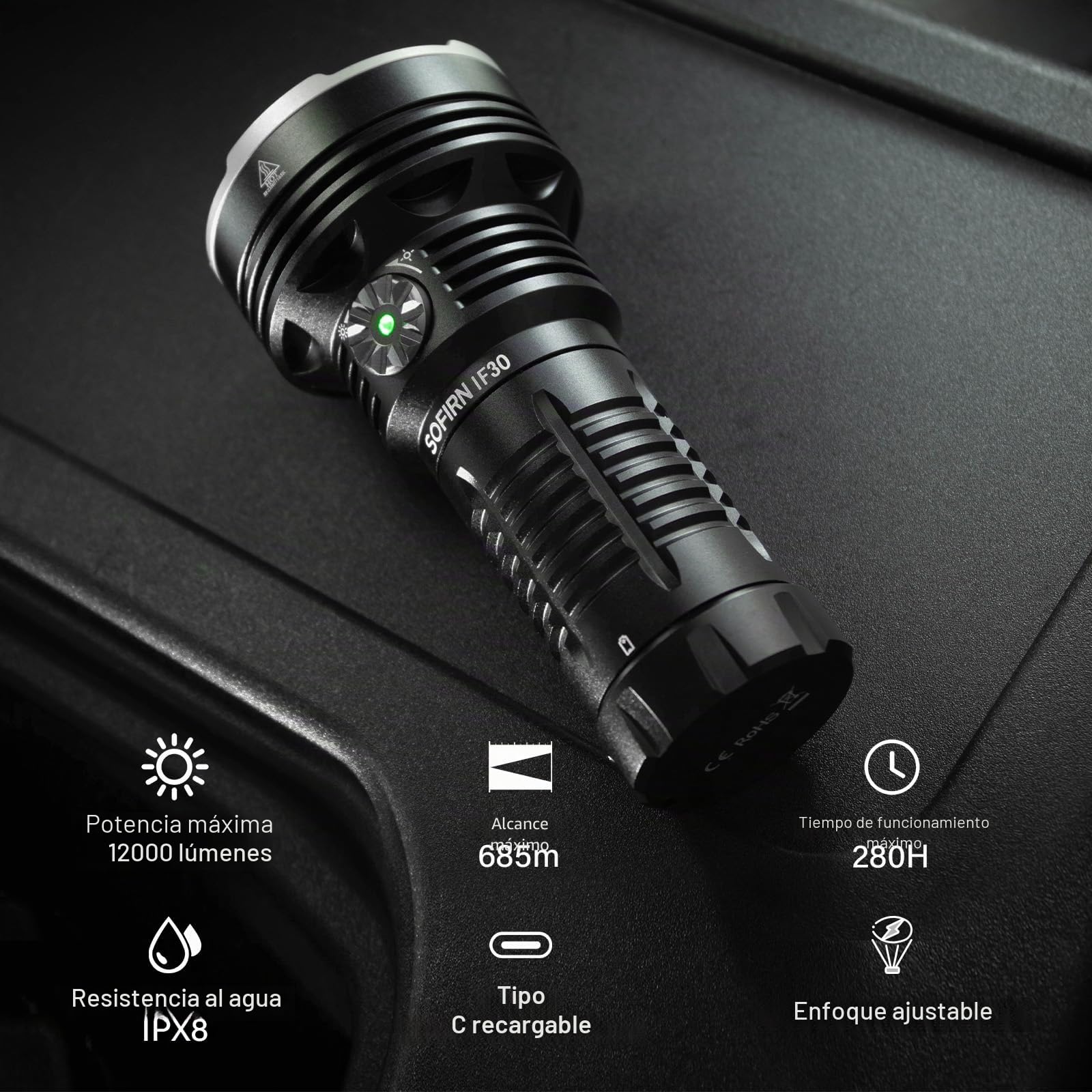 Sofirn IF30 Linterna LED extremadamente brillante, USB C, 12000 lúmenes, recargable, linterna LED multifunción, con 3 modos de luz, para camping, senderismo, emergencias