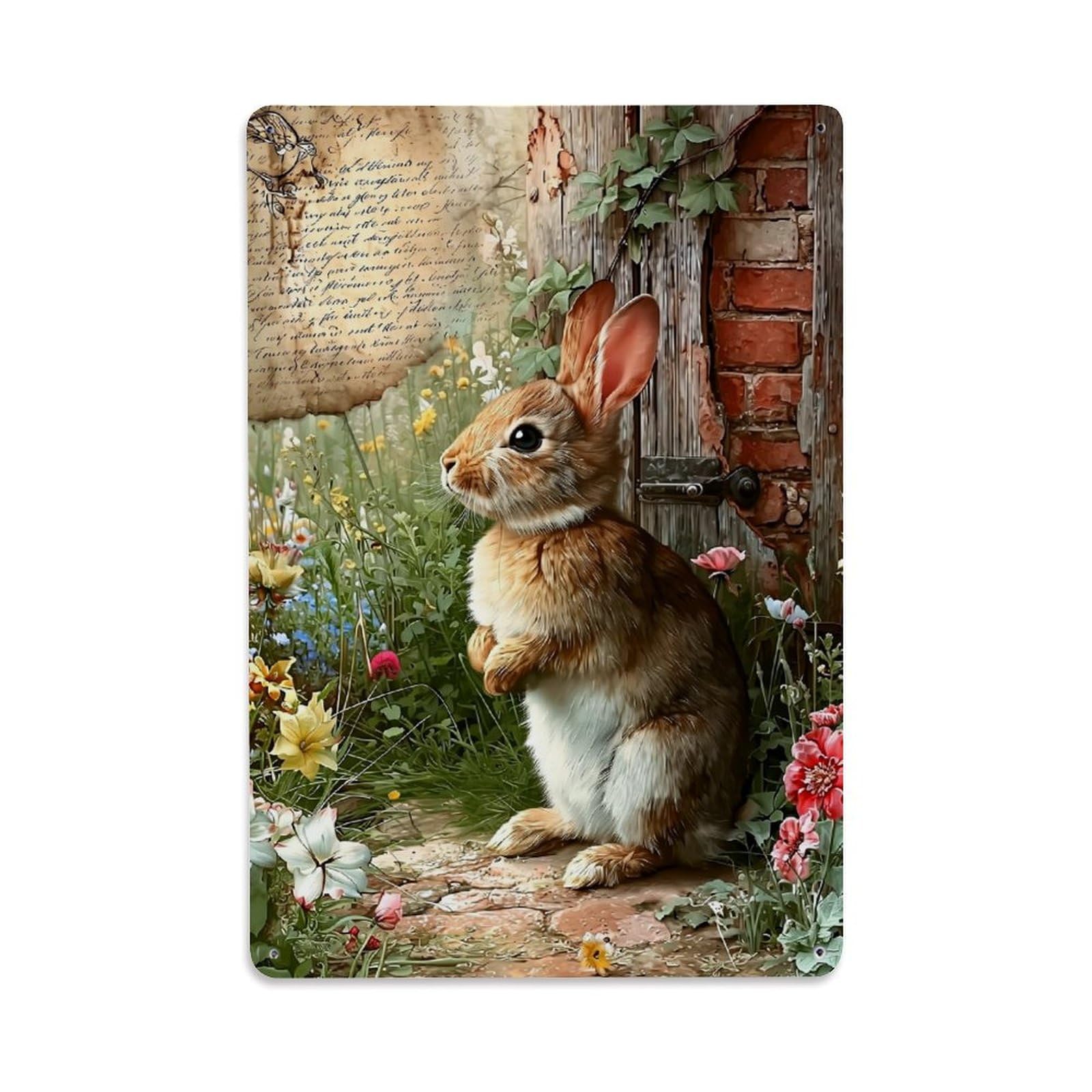 Jdyaojiesheng Vintage Rabbit Garden Door Flowers Brick Tin Sign Retro Metal Wall Decor Metal Poster, Home Bar Garage Farmhouse Cafe Wall Art Decoration 8X12inches
