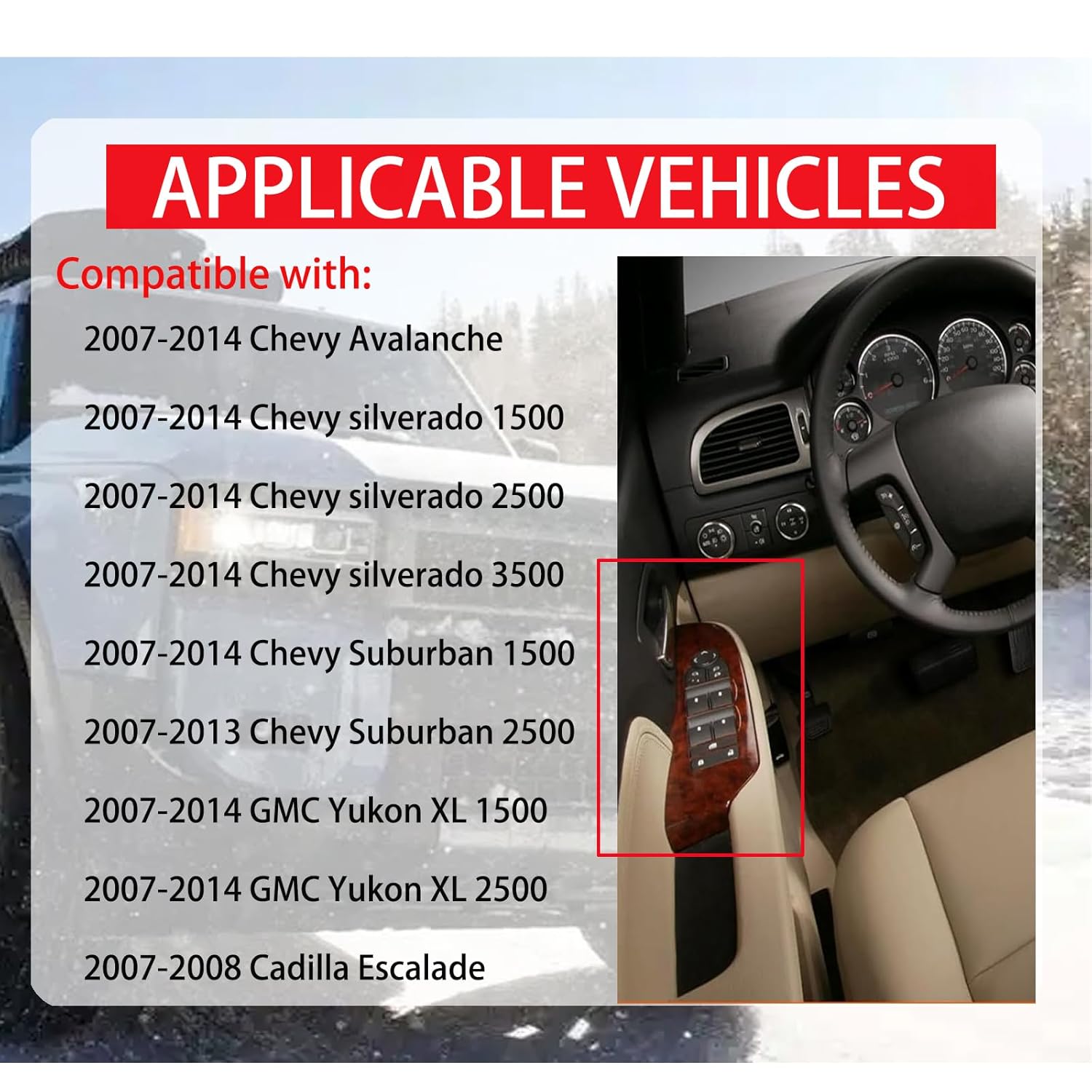 Driver Side Power Window Switch Compatible with 2007-2014 Chevy Suburban/GMC Yukon XL 1500 2500 Cadilla Escalade Replace# 15906883