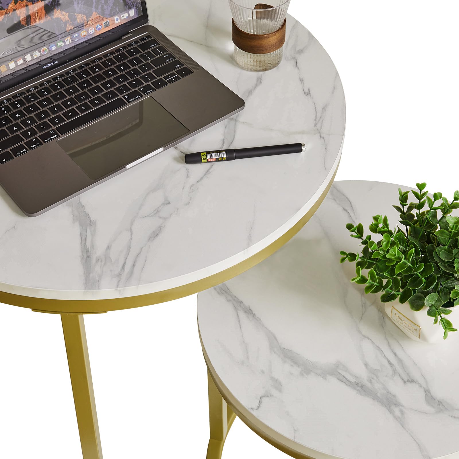 IBUYKE Lot de 2 Tables Basses gigognes, Rondes Table d'appoint, Tables gigognes, pour Salon, Salle à Manger, Chambre, Balcon, Blanc et doré TMJ062G