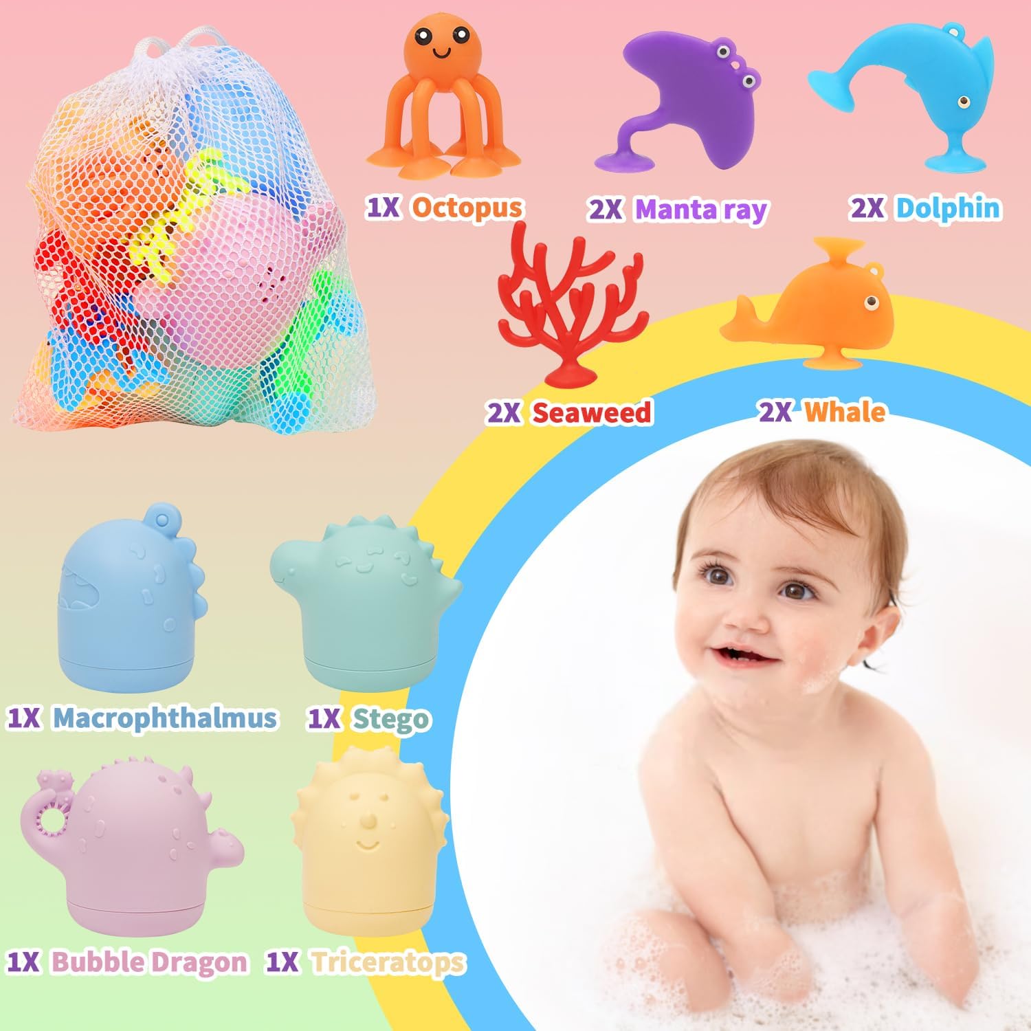 Baby Bath Toys, 13 Pcs Silicone Mold Free Bath Toys with a Storage Bag, Squeezable Dinosaurs Bathtub Toys, No Hole Sensory Ocean Animal Suction Cup Toys for Toddlers 1 2 3 4 5 6 Years Ocean + Dinosuar image 6 of 7 B0CJGYG1V7
