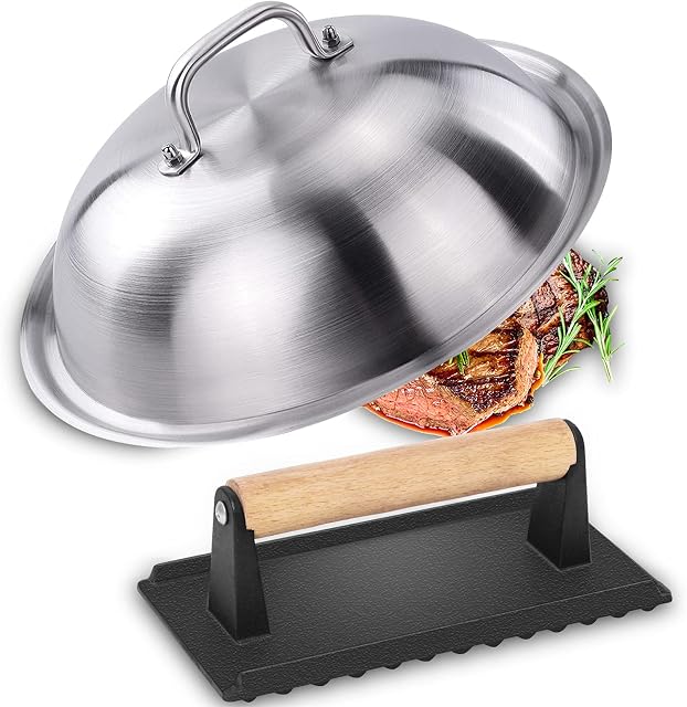 Flat Top Griddle Accessories Kit, 12 Inch Round Basting Cover with 7 Inch Burger Press, BBQ Accessories for Grill Cooking Indoor or Outdoor, for Blackstone and Camp Chef Griddle