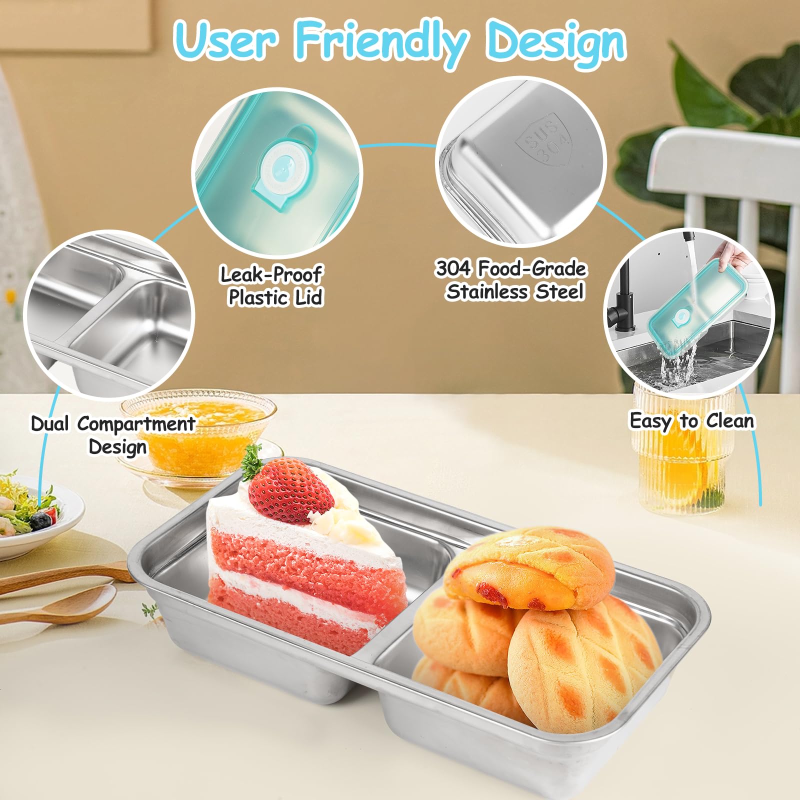 6 contenitori riutilizzabili per snack Grab and Go, in acciaio inox, a doppio scomparto, per lavastoviglie, condimenti con coperchio, per snack, salse, da asporto, viaggi e attività