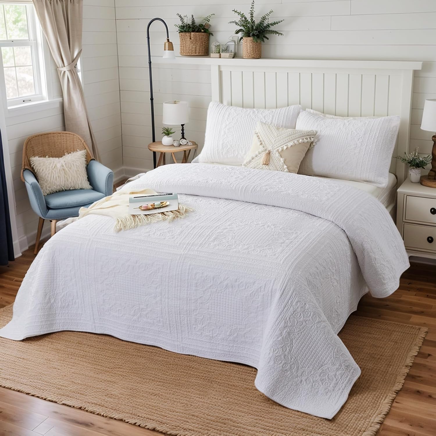 Brandream White Quilt King Size Cotton Matelasse Coverlet Set Farmhouse Quilts 3-Piece - Image 7