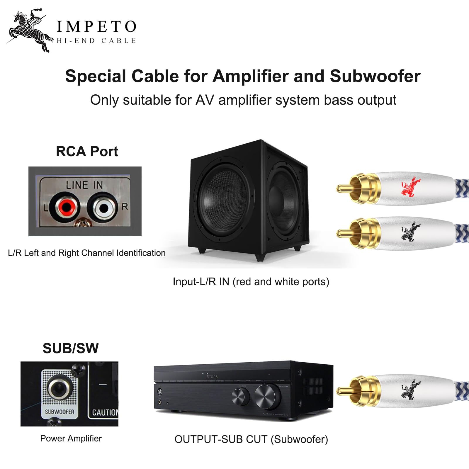 Impeto Câble RCA Subwoofer Cable Subwoofer RCA Y Cinch de masse caisson de basse 1 mâle vers 2 mâle- Contacts Dorés-pour amplificateur, enceintes actives ou caisson de basse - 5 m